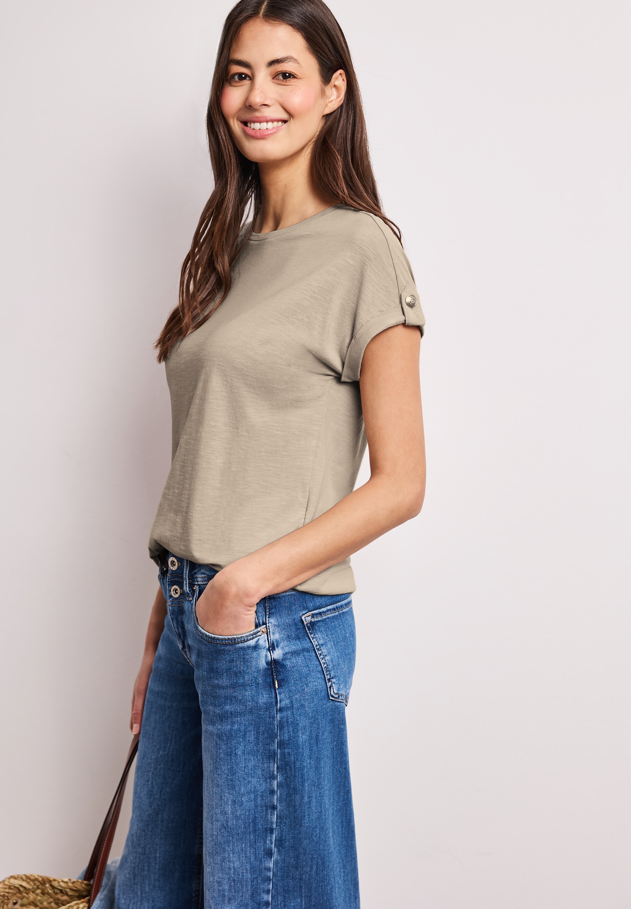 STREET ONE Shirttop Sommershirt mit Rundhals und Knopfdetails