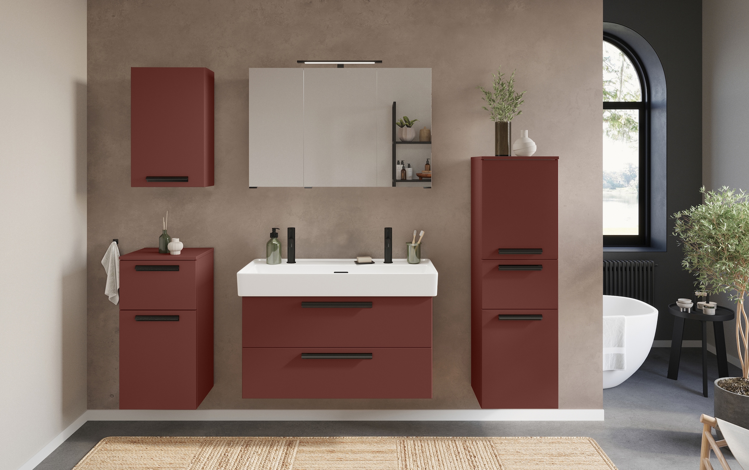 welltime Badmöbel-Set »SALVADA, 3tlg-Set, gedämpfte Scharniere, Softclose, Keramikbecken« Maße (B/T/H): 140/47,5/200 cm, 