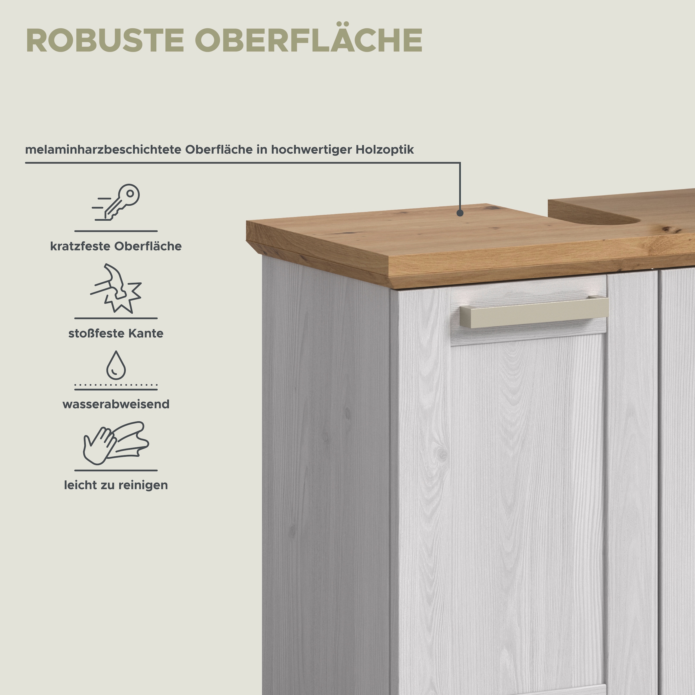 welltime Badmöbel-Set »COSENZA, 3-teilig, in Landhausoptik, mit farblich abgesetztem Kranz« best. aus: Hochschrank, Spiegelschrank und Waschbeckenunterschrank, 3 Stk. tlg.