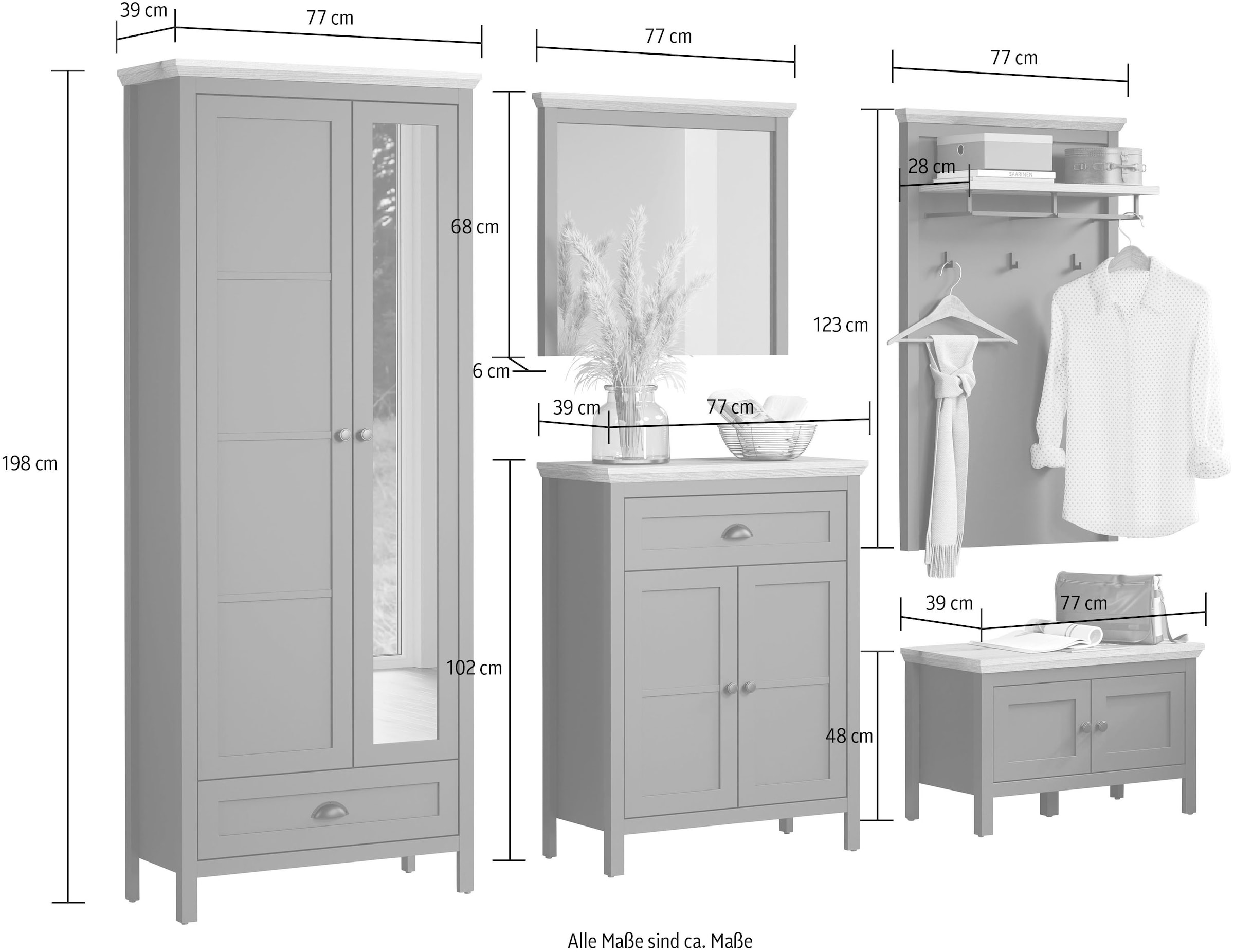 Home affaire Garderoben-Set »Vienna«, (5 St.), inkl. Schrank, Kommode, Schuhbank, Spiegel und Garderobenpaneel