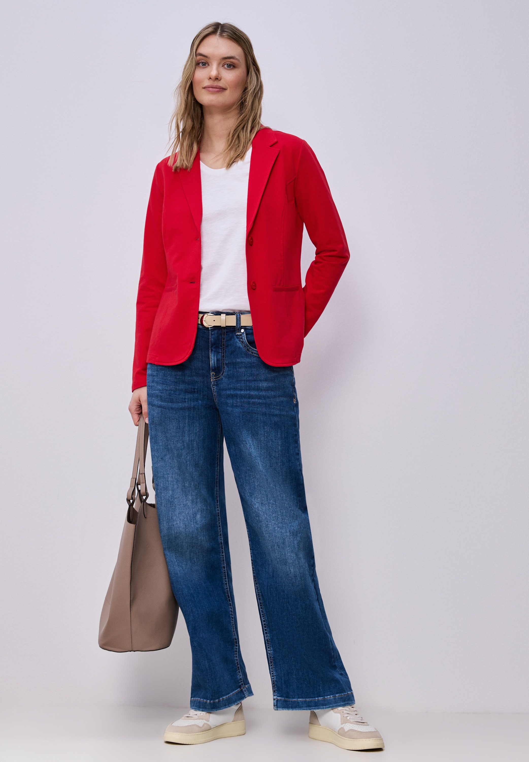 Sweatblazer STREET ONE, Damen, Gr. 46, salsa rot, Jersey, 93% Baumwolle, 7% Elasthan, unifarben, normal normal, V-Ausschnitt, abgesteppt, Blazer, im soften Baumwoll-Mix 3