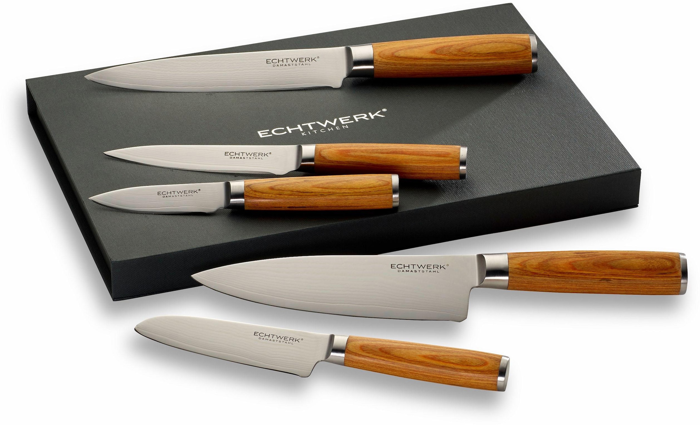 ECHTWERK Messer-Set »Damaszener« Küchenmesser-Set mit Holzgriffen in natürlicher Optik