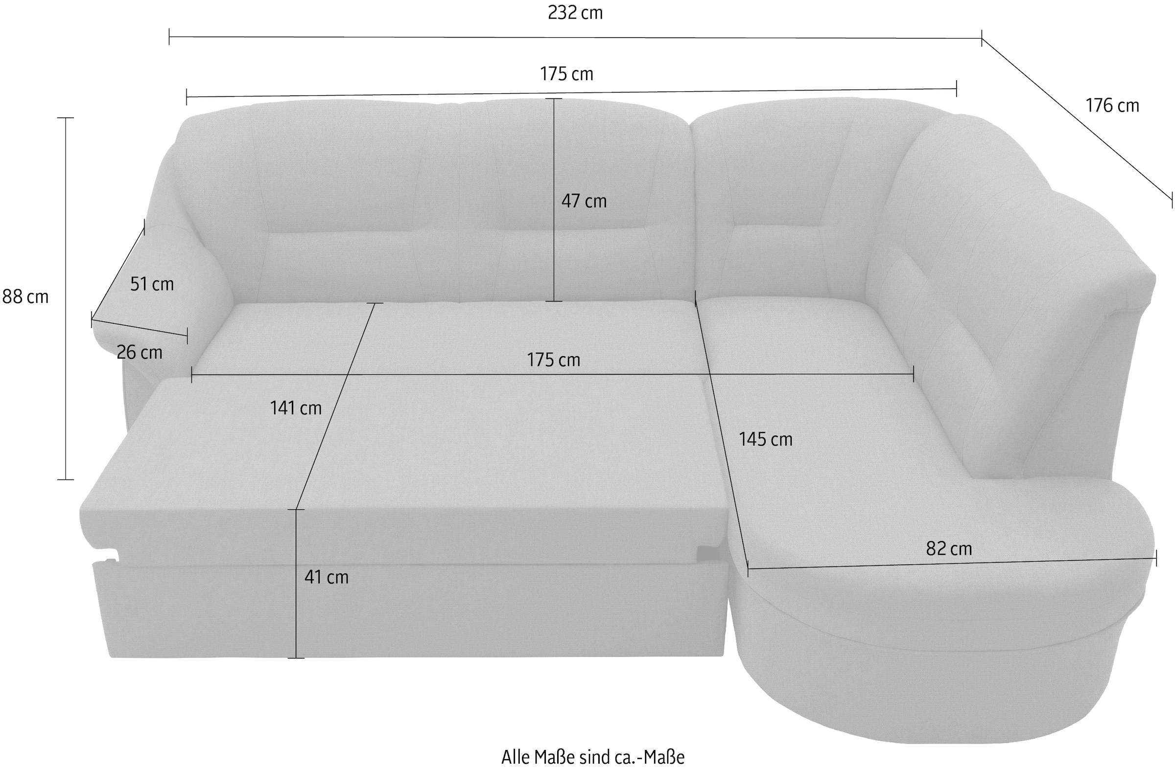 DOMO collection Ecksofa »Faenza für kleine Räume, Stellmaße 232,176cm, komfortabel, L-Form«, mit Ottomane, zeitlos, elegante Armlehnen, wahlweise mit Bettfunktion