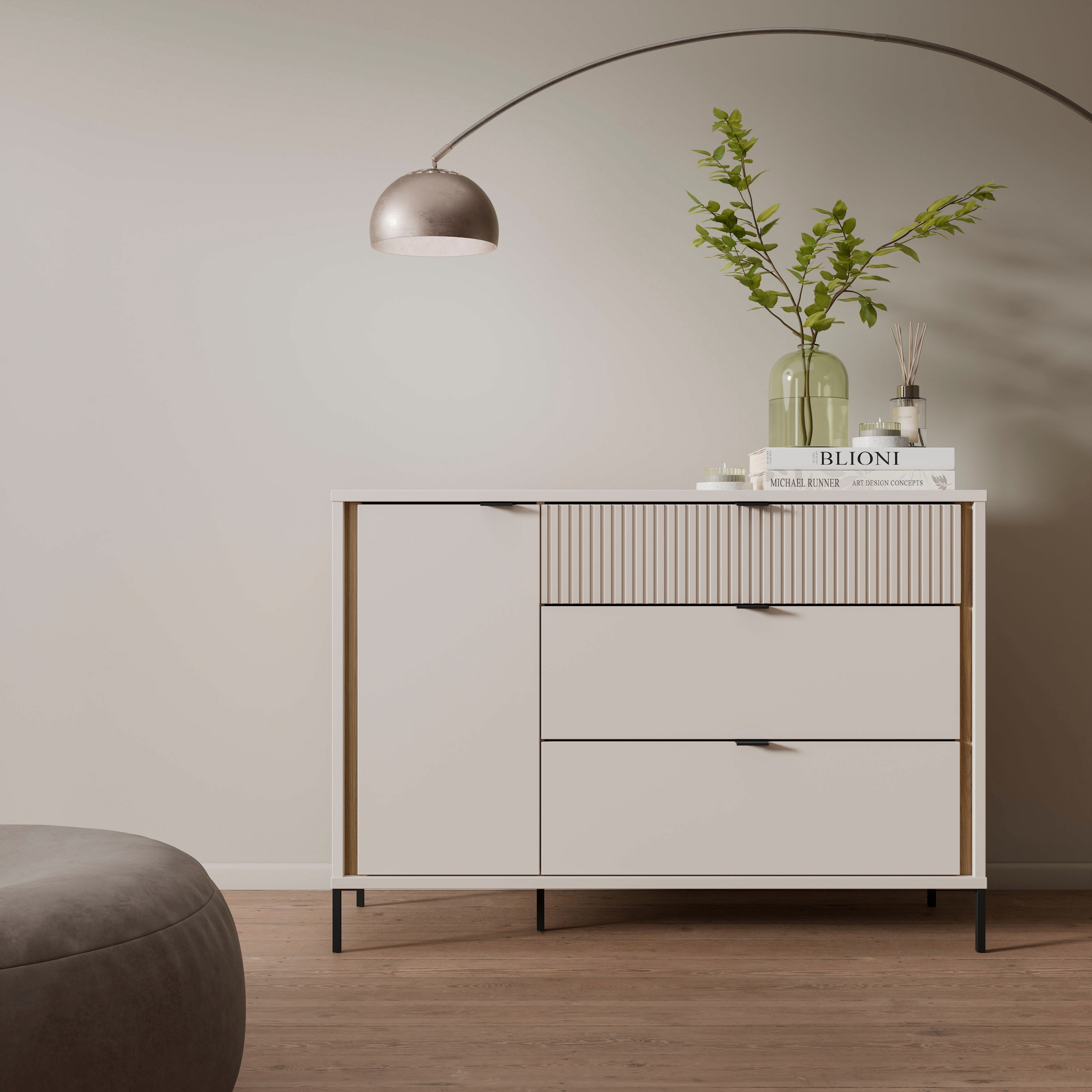 FORTE Sideboard "Forte Seravel Kommode 124 cm, Kashmir Beige/Mauvella Eiche" B/H/T 124,1/87,2/41,5 viel Stauraum, Lamellenoptik