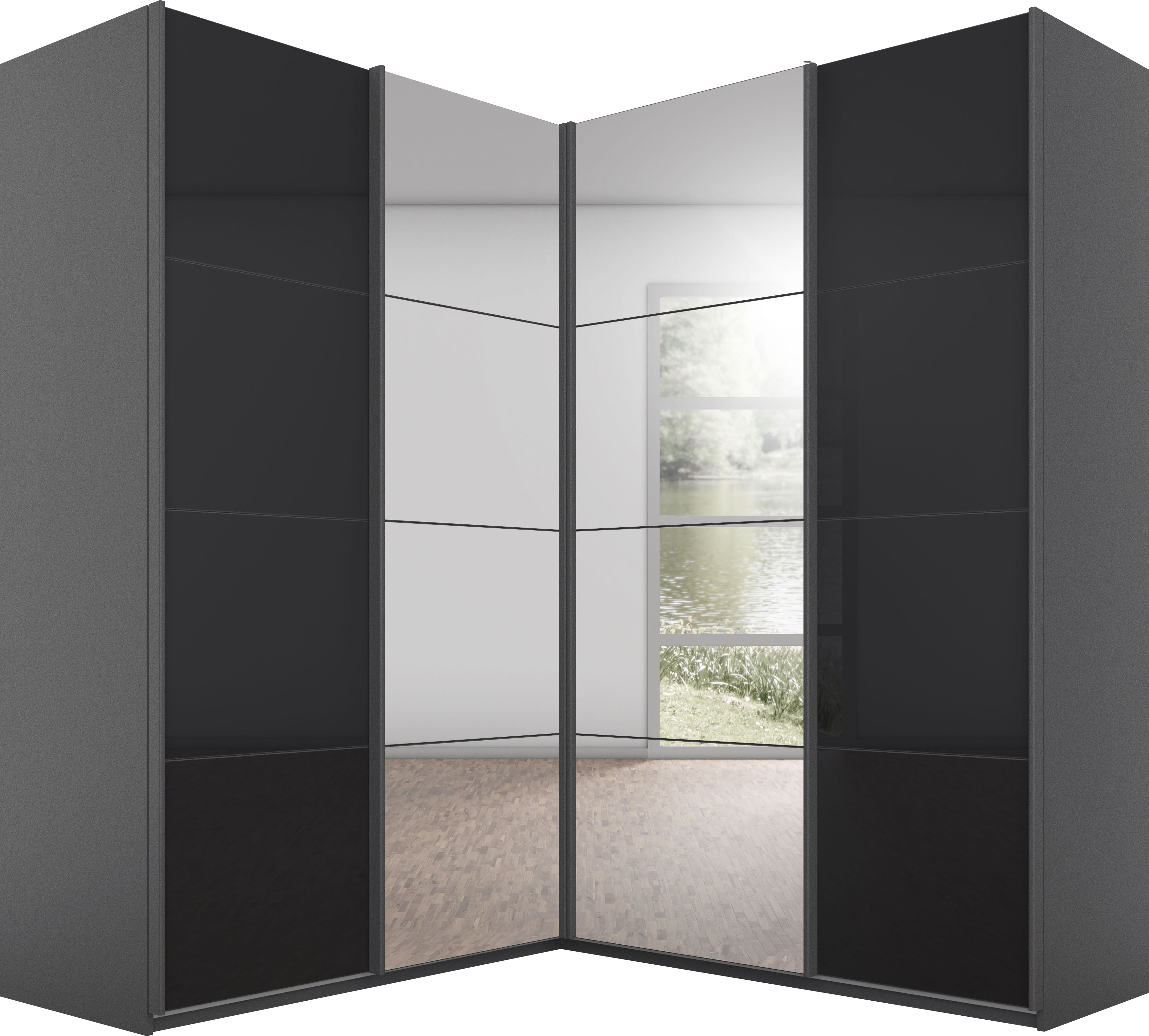 rauch Schwebetürenschrank "Kleiderschrank Garderobe Eckkleiderschrank QUADRA mit edler Glasfront" Maß 181x187 cm, Höhen 210/229 cm, inkl. Soft-Close-Funktion, extra großer Eckschrank inkl. Schubladeneinsatz MADE IN GERMANY