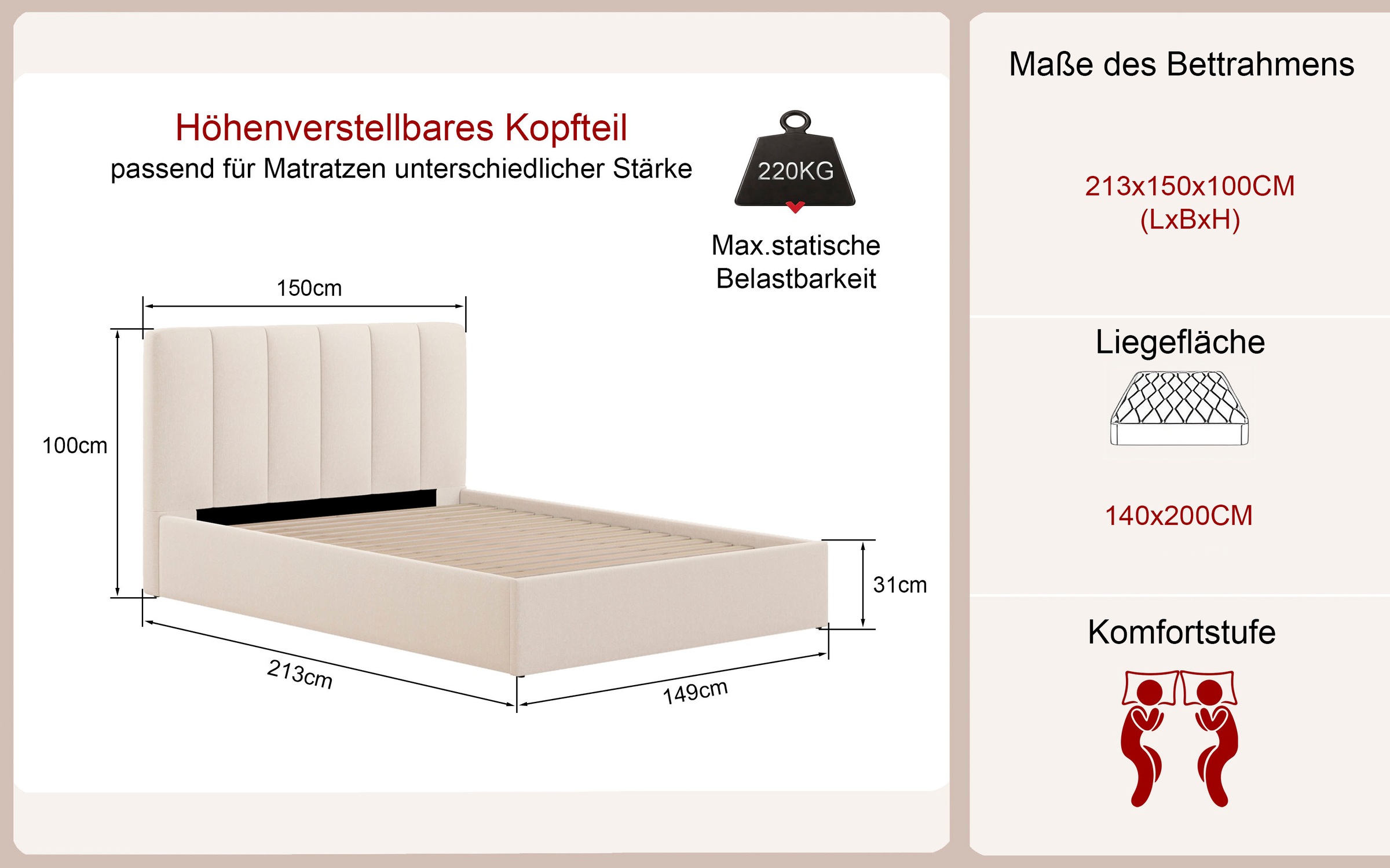 OTTO home Polsterbett »FEELLA, Bett wahlweise mit Lattenrost, Strukturstoff-Bezug« gepolstertes Kopfteil und Rahmen, Liegefläche 140x200/ 180x200 cm