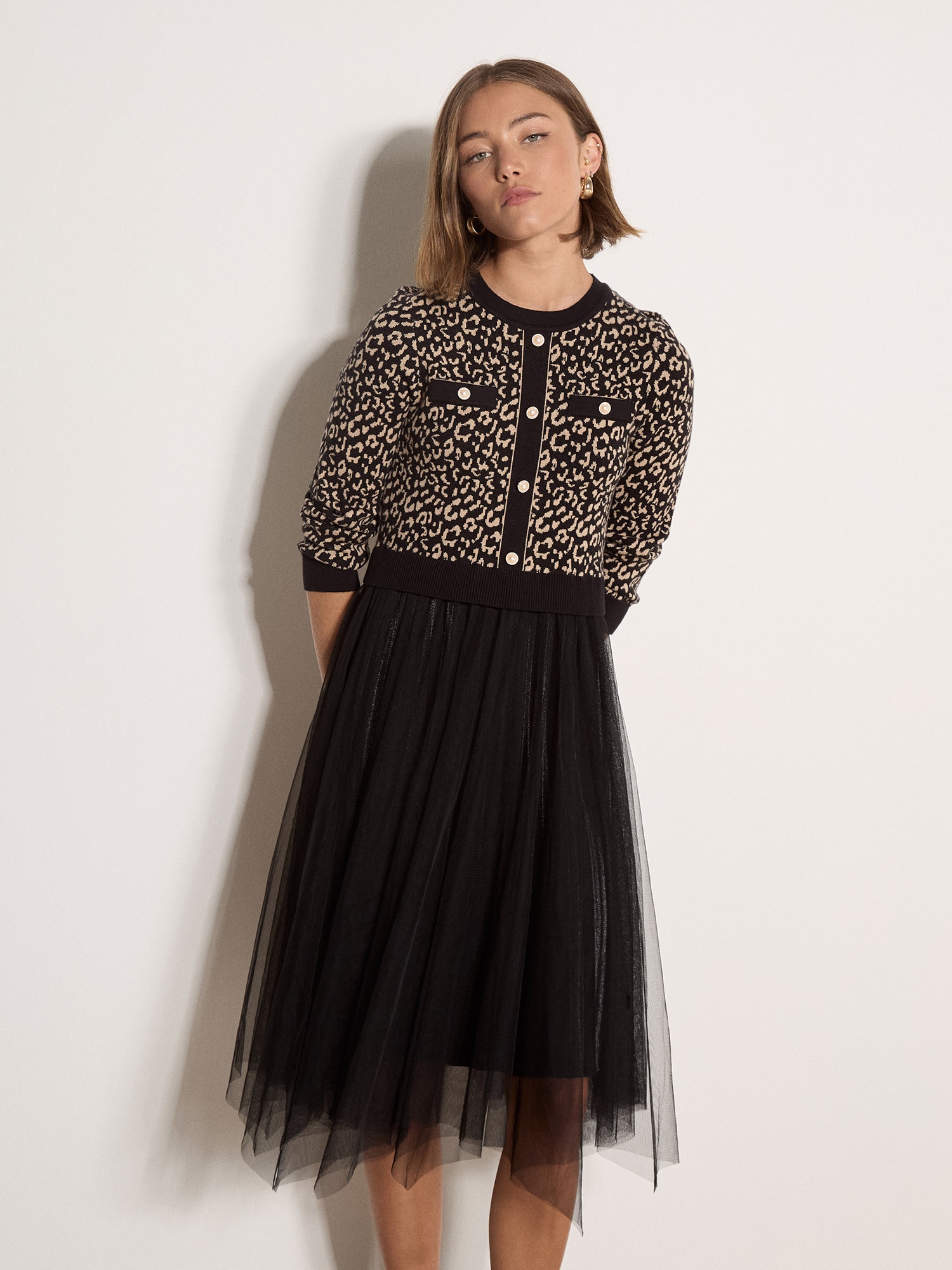 Apricot Partykleid »Midikleid mit Tüll« Ohne Taschen mit Leopardenmuster