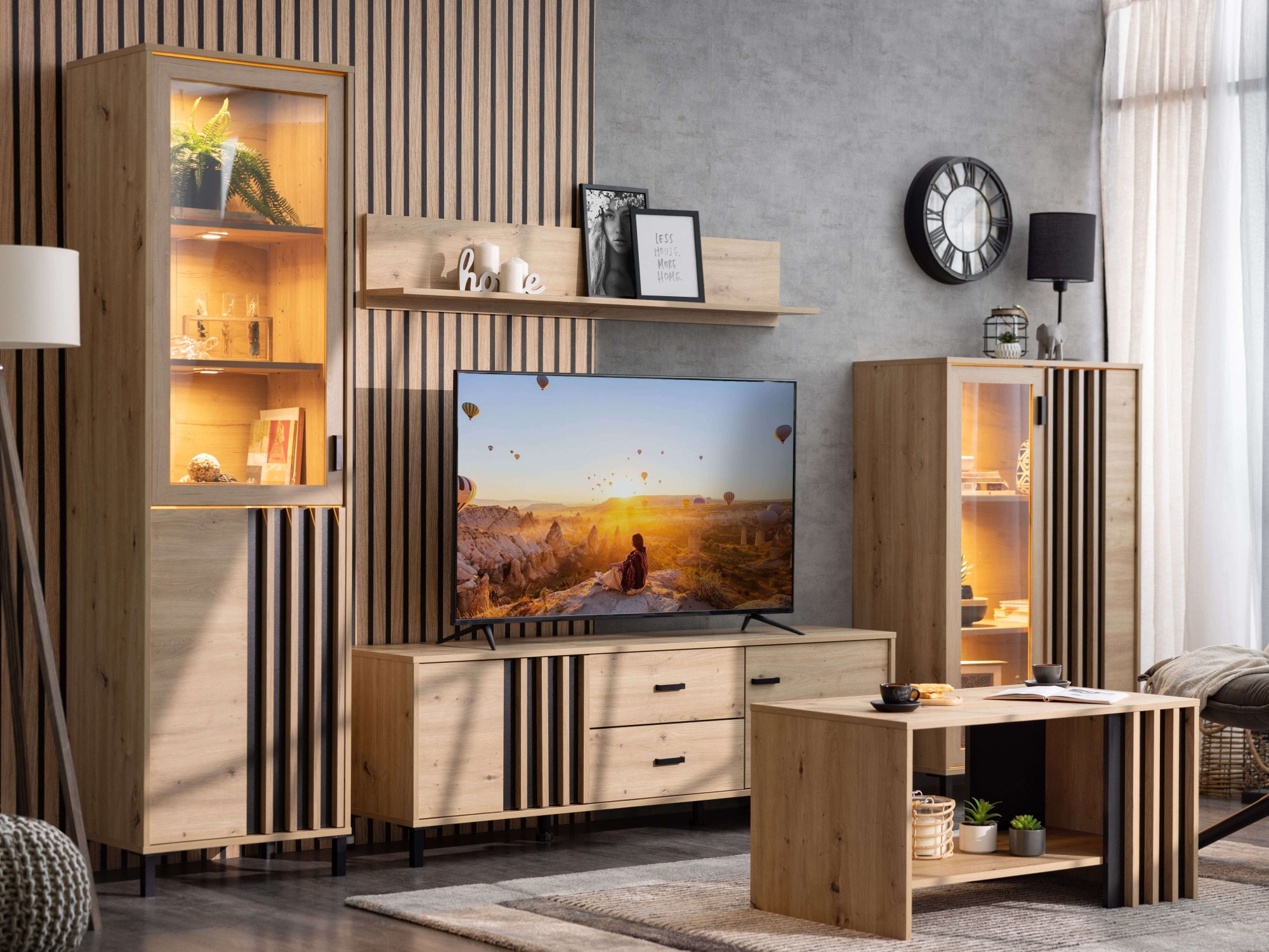 Home affaire Highboard »LAVAL, Hochkommode, Vitrine, Glasvitrine, Kombi-Highboard« Modernes Highboard in Artisan-Dekor mit Glasfront & Lamellen-Optik