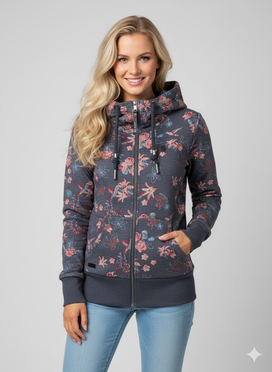 Ragwear Sweatjacke "NESKA ZIP FLOWERS O" figurbetont mit floralem Allover-Print und großer Kapuze