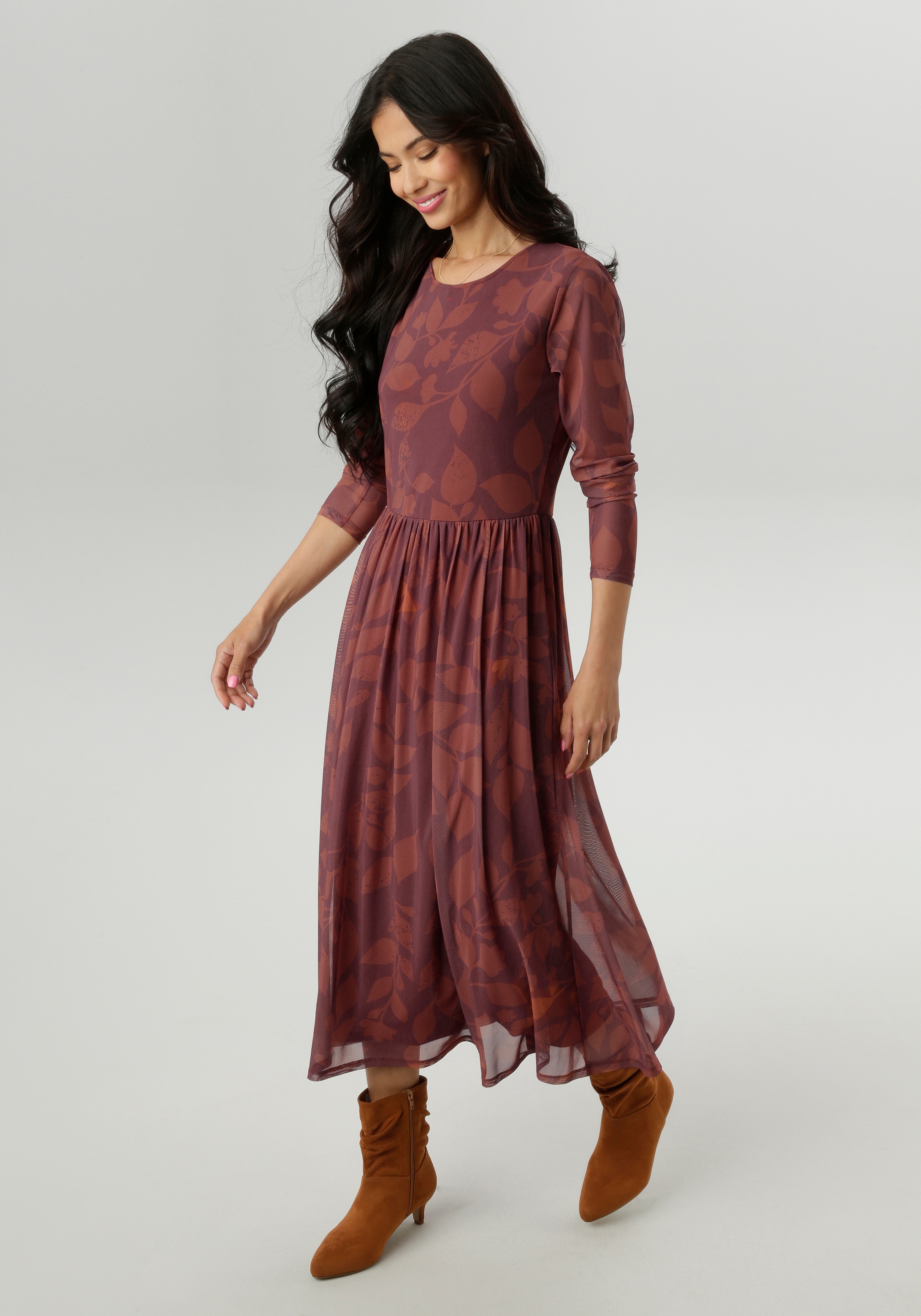 Aniston SELECTED Midikleid, mit floralem Blättermuster in warmen Brauntönen günstig online kaufen