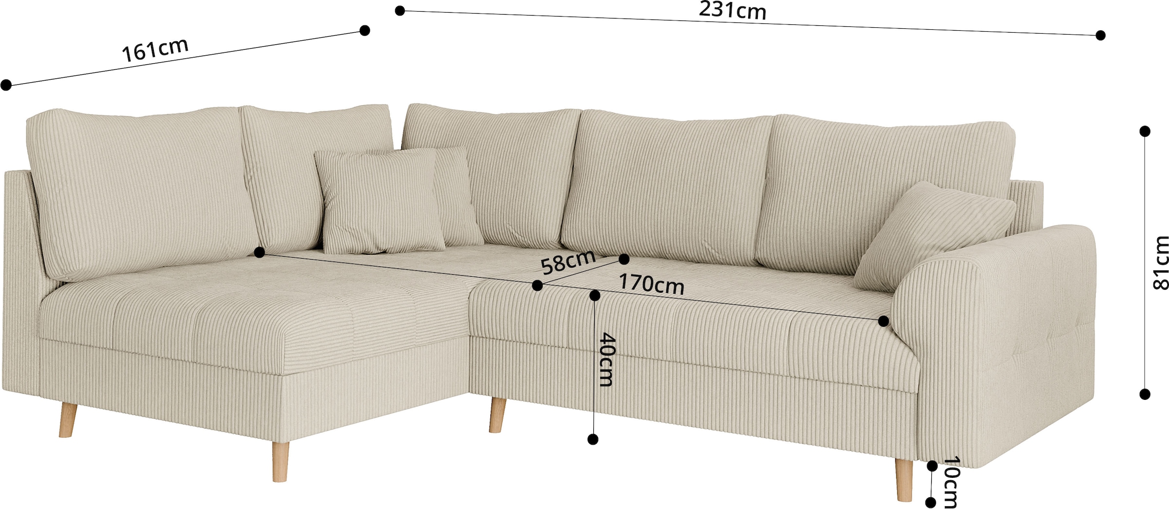 Home affaire Ecksofa »CHARRE L-Form mit Ottomane, Maße B/T/H: 231/161/81 cm«, feine Steppung, lose Rücken- und Zierkissen, auch in Cord und Bouclé