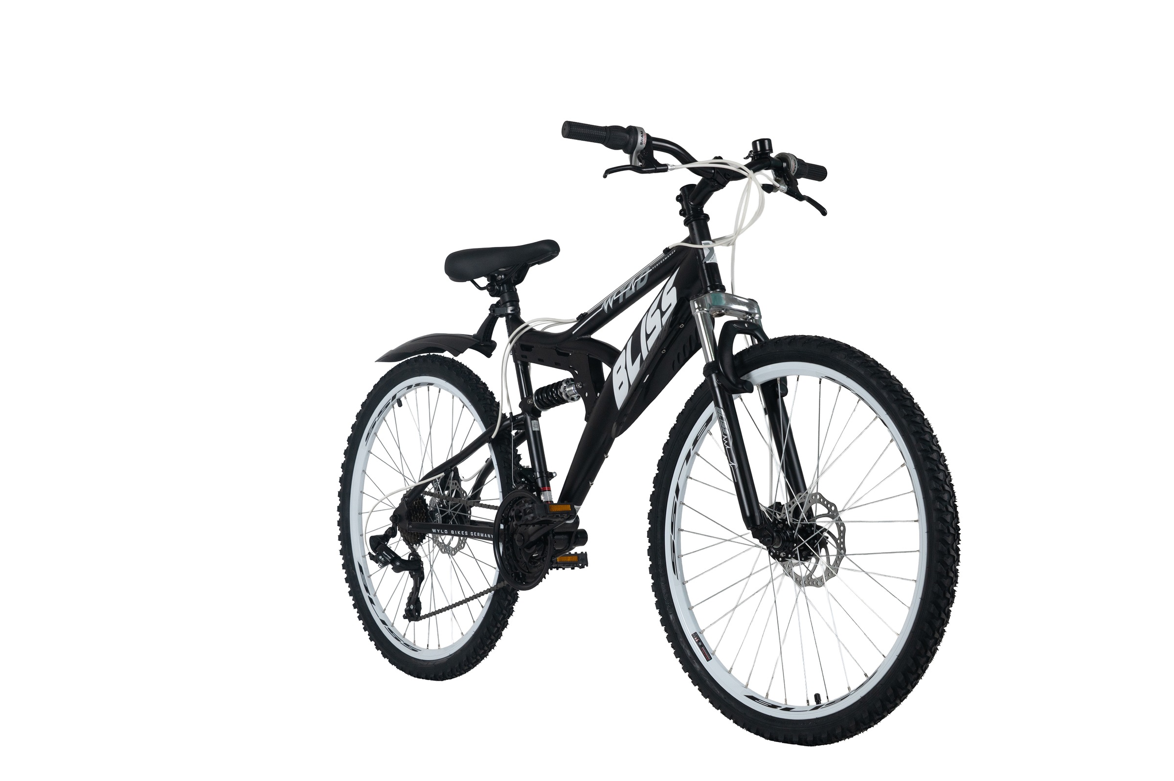 WYLD Mountainbike »WYLD Mountainbike Fully 26'' Bliss schwarz-weiß 21 Gänge RH 47 cm« 21 Gang Shimano Tourney Schaltwerk Kettenschaltung