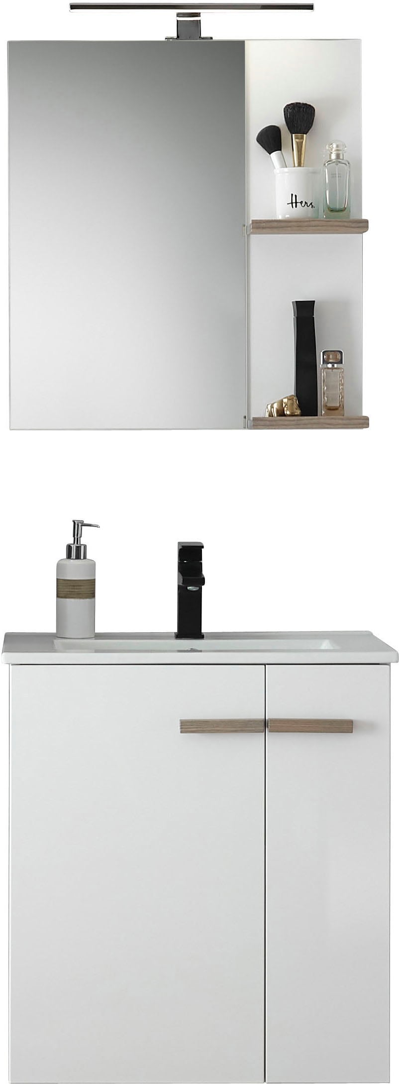 Places of Style Badmöbel-Set »SOLiD, Badmöbel-Set, Bad im modernen Design, 2-teiliges Badezimmer«, (2 St.), Waschtisch mit Waschbecken, Spiegel, Aufbauleuchte, Breite 60 cm