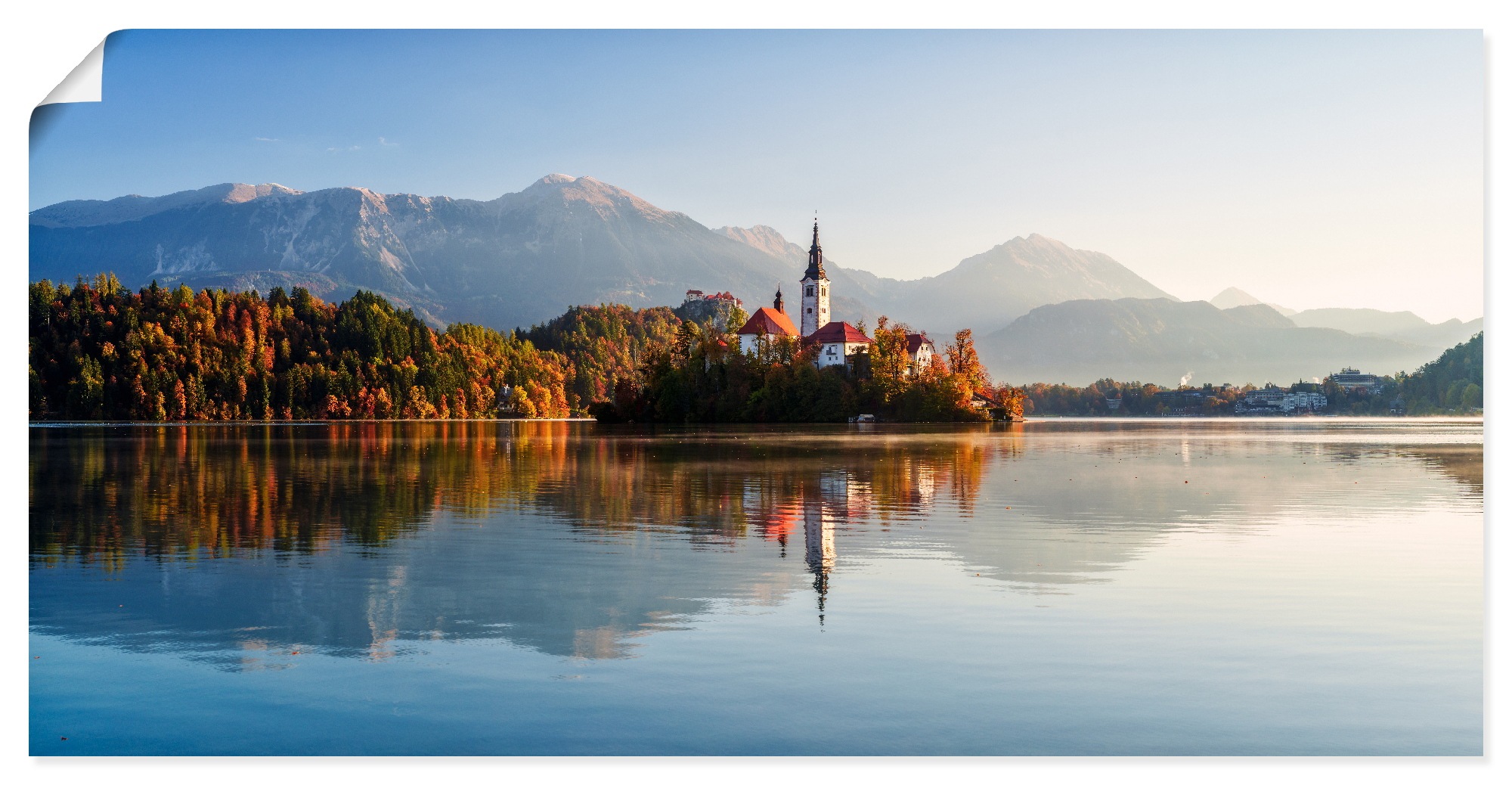 Wandbild ARTLAND, B:150cm H:75cm T:0,1cmfarbe bild(er): blau, Papier, Wohnzimmer, Bilder, "Herbst am Bleder See Slowenien", als Alubild,