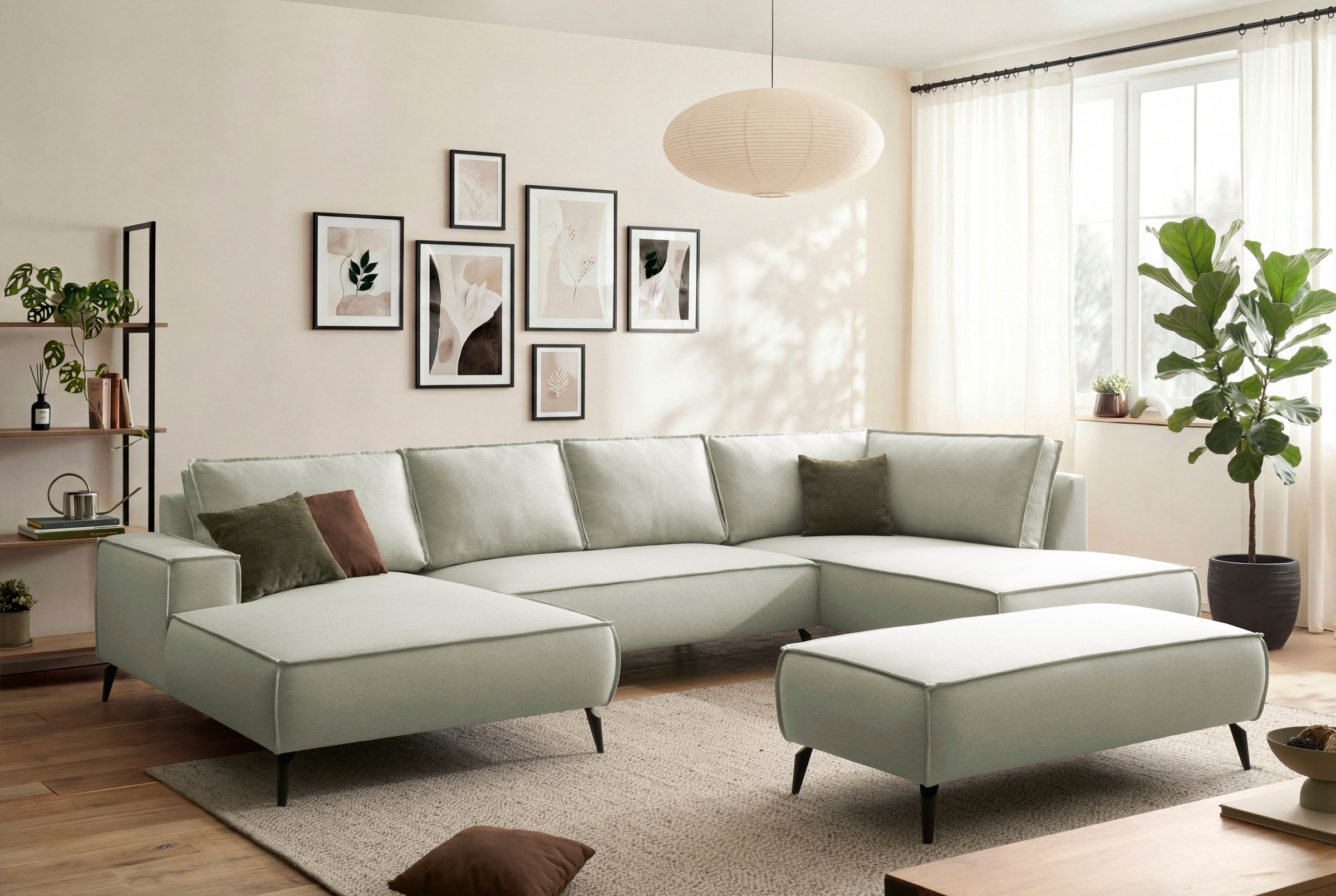 Wohnlandschaft HOME AFFAIRE "Tvinnu, moderne U-Form, Couch in Cord oder Webstoff in Leinenoptik", hellgrün, B:354cm H:83cm T:193cm, Sofas, Wohnlandschaft, Recamiere rechts/links, schwarze Metallfüße, bequeme Sitz-/Liegefläche 7