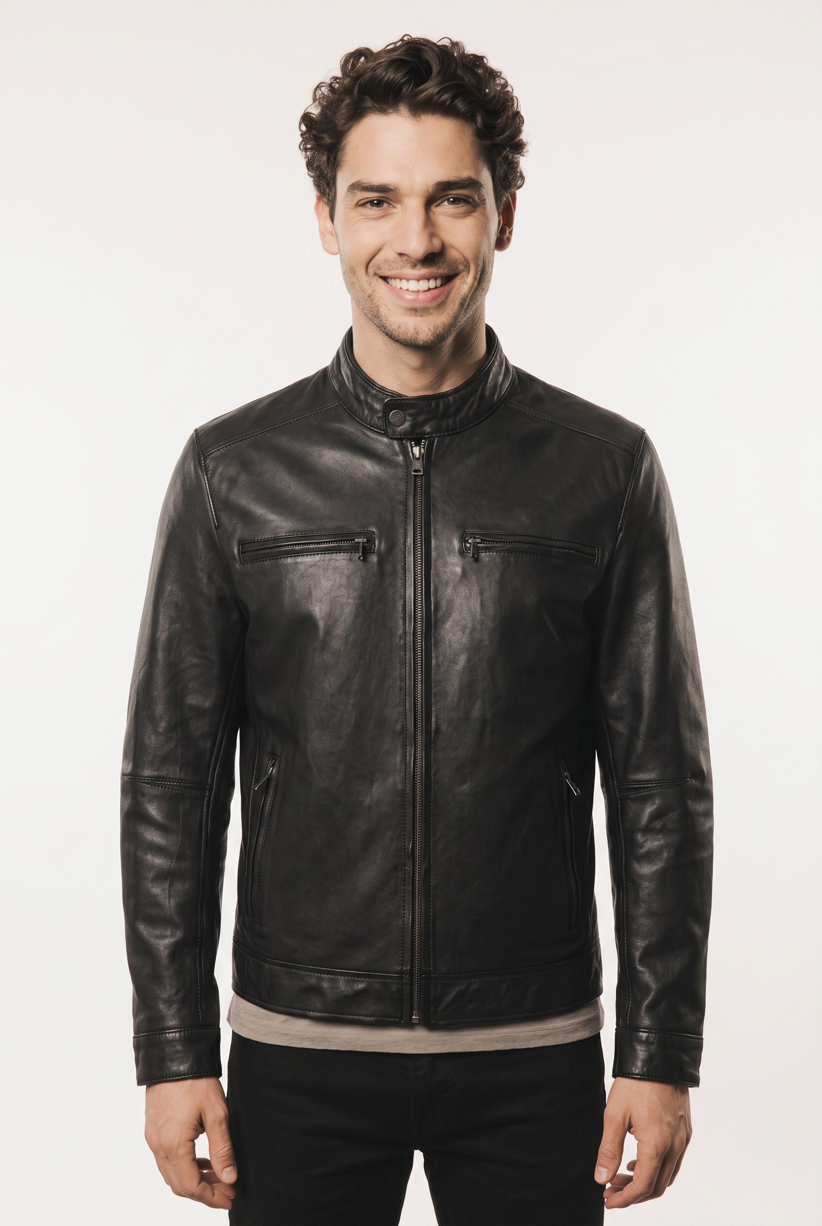 Mauritius Lederjacke "MMBlaco" im Biker-Stil mit Stehkragen und Drucker