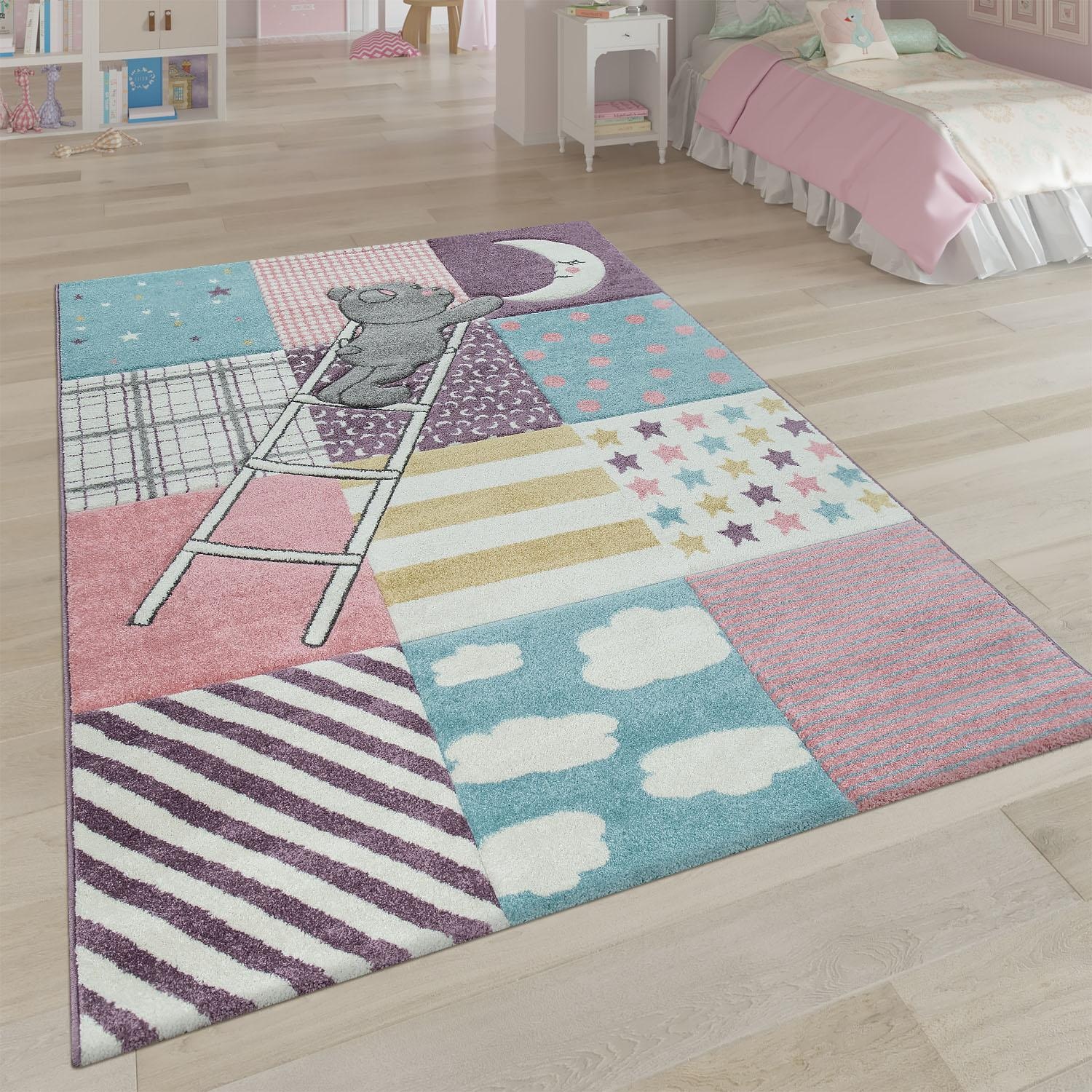 Paco Home Kinderteppich »Ela 399«, rechteckig, 3D-Design, Patchwork Muster, Motiv Bär, Sterne & Punkte, Kinderzimmer