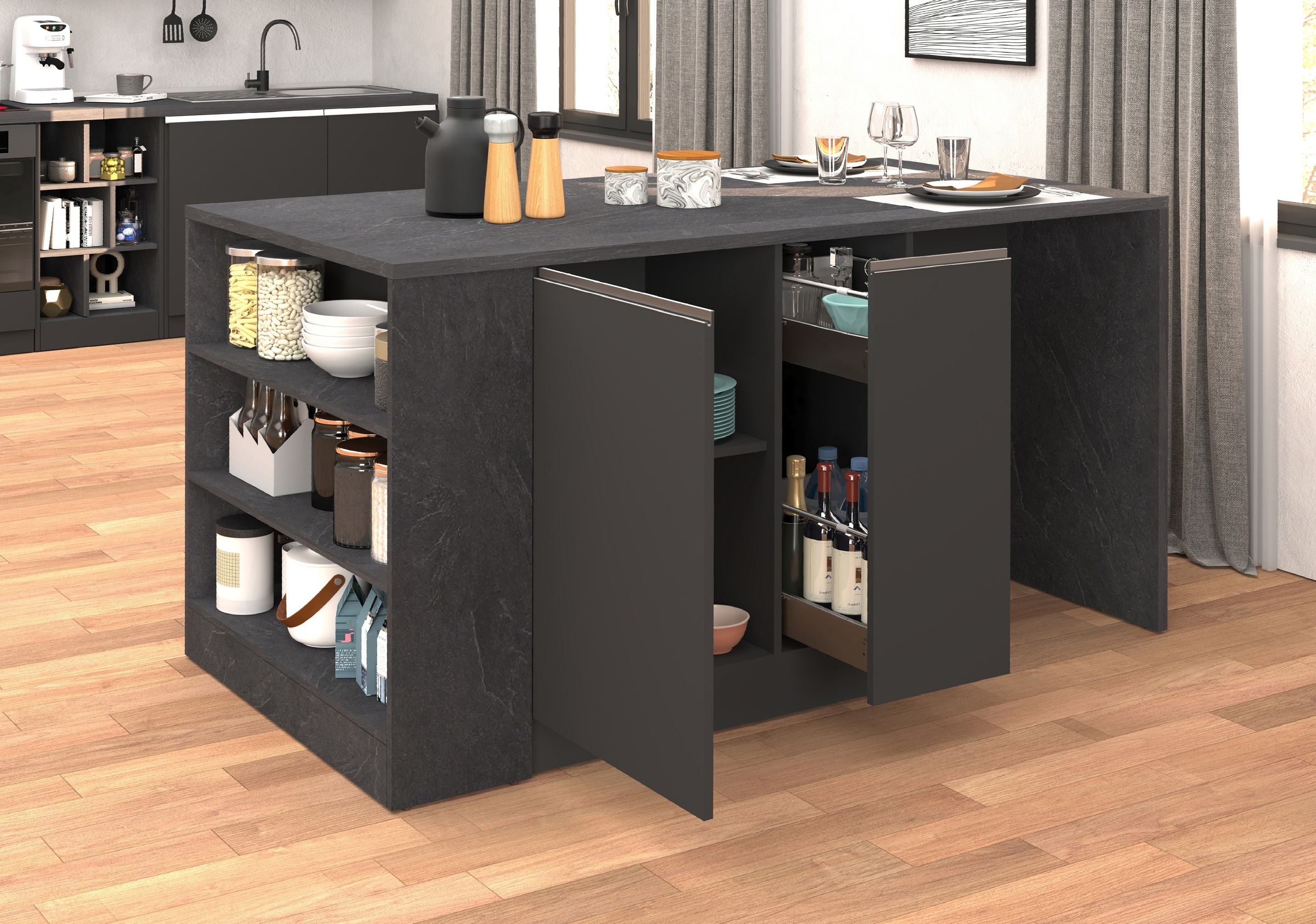 KOCHSTATION Kücheninsel »KS-Sole, Kochinsel, Küchenarbeitsblock, Arbeitsinsel, Made in Italy« Breite 167,5 cm, 2 Apothekerauszüge, 2 Essplätze, 1 offenes Regal