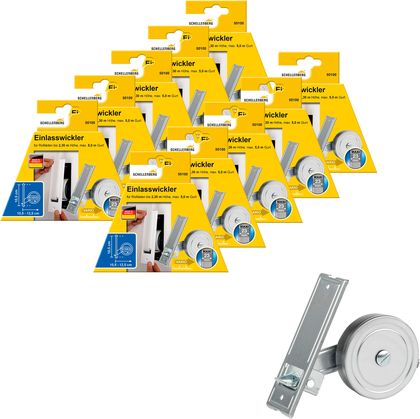 SCHELLENBERG Einlass-Gurtwickler "für das Rollladensystem Maxi, Lochabstand 10,5 cm, Unterputz-Montage", 10 Stk., silber, Gurtwickler, für