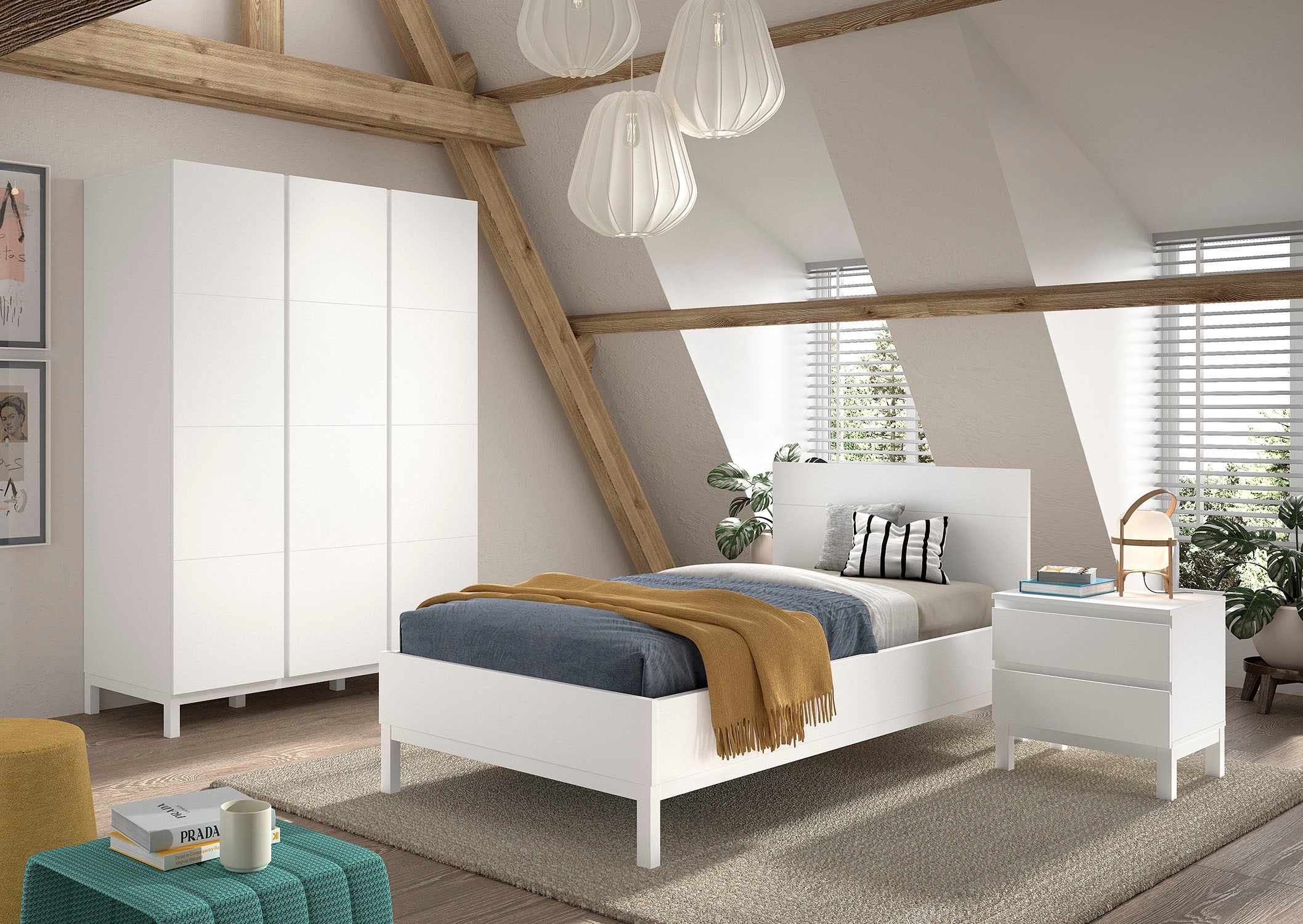 Vipack Jugendzimmer-Set »Set best. aus Einzelbett 90/200, Nachtkonsole, Kleiderschrank 3-trg.«, (3 tlg.), in gradlinigem Design, pflegeleichte lackierte Oberfläche in Weiß