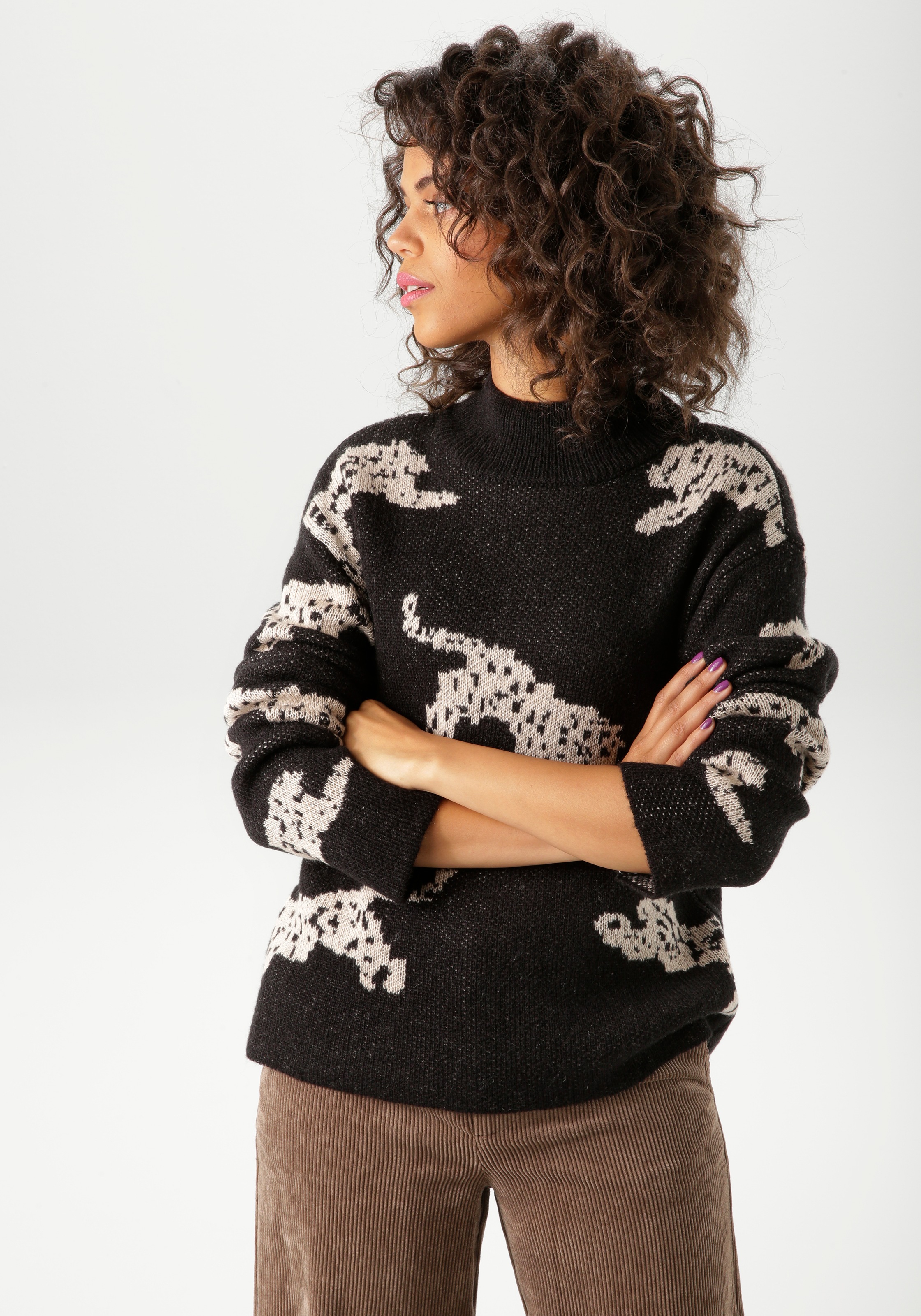 Aniston CASUAL Strickpullover, mit eingestrickten Leoparden - NEUE KOLLEKTION
