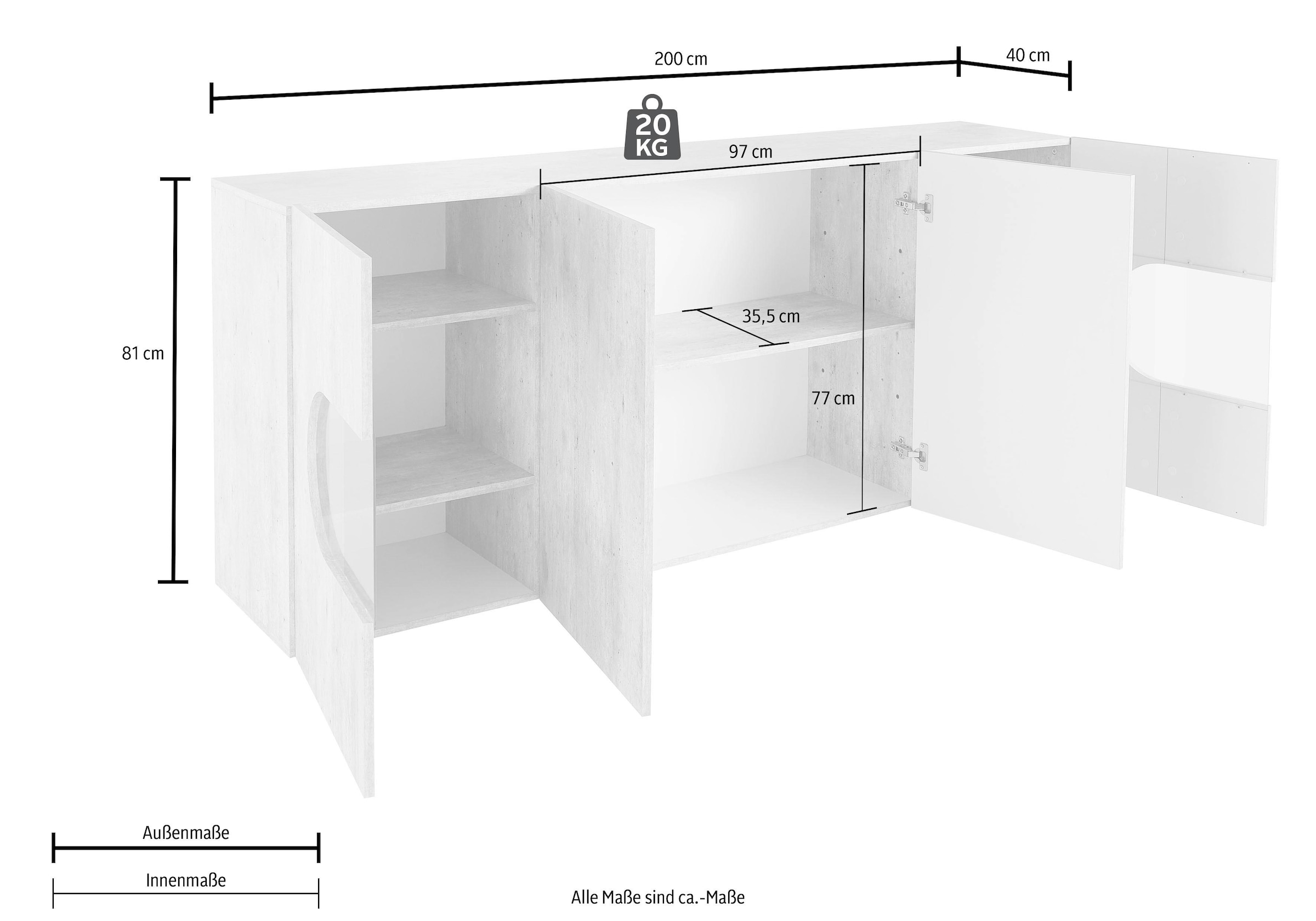 INOSIGN Sideboard »Real,Vitrine,Kommode,Schrank, komplett hochglanz lackiert«, mit 4 Türen davon 2 Glastüren, ohne Griff, Breite 200