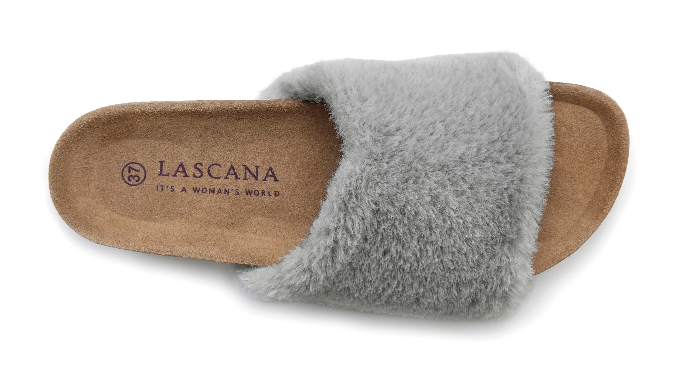 Pantolette LASCANA "Hausschuh", Damen, Gr. 37, grau, Obermaterial: 100% Synthetik. Decksohle: 100% Rindsleder. Laufsohle: 100% Synthetik, Fellimitat, unifarben, Schuhe Pantoffeln Plüsch Hausschuh Pantolette, Mule, Sandale, offener Schuh, Korkfußbett, Pant 3