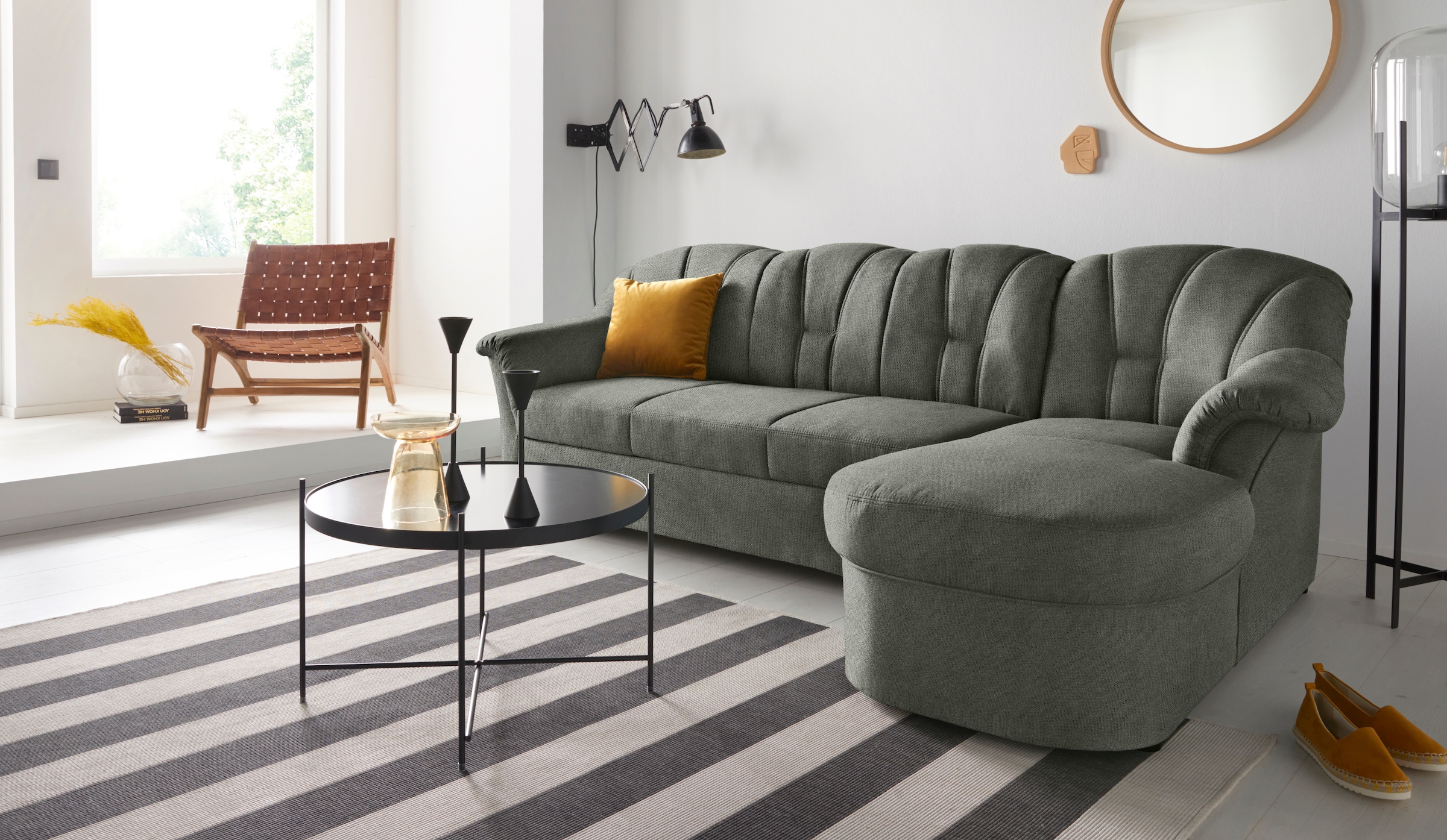 DOMO collection Ecksofa "Papenburg, zeitlose Rückensteppung, elegante Formensprache, L-Form" in großer Farbvielfalt, wahlweise mit Bettfunktion