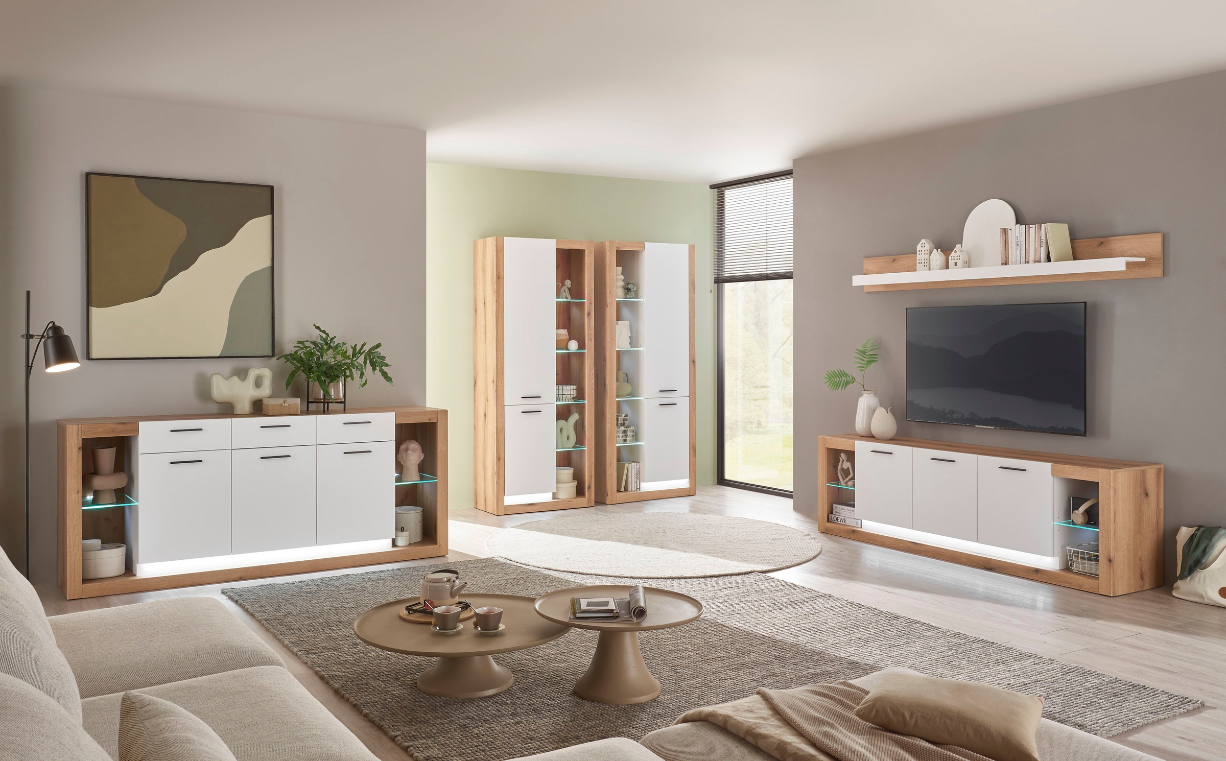INOSIGN Vitrine »Brixen, Vitrinenschrank in Eiche Dekor, moderne Standvitrine«, Metallgriffe, ausreichend Stauraum, vielseitig einsetzbar, 80 cm breit