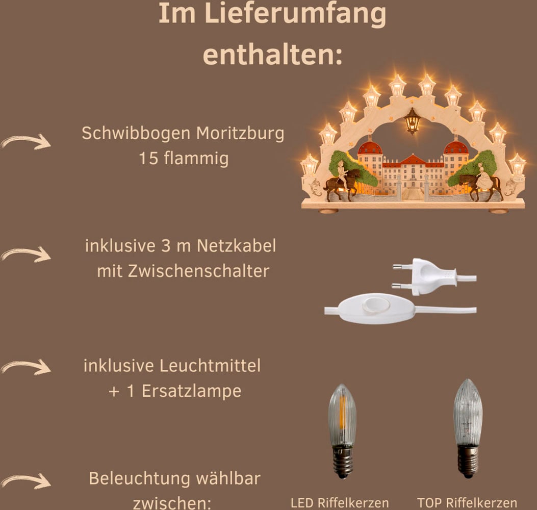 Weigla LED Schwibbogen »Moritzburg, Lichterbogen aus Holz«, Erzgebirge garantiert, Weihnachtsdeko Innen, Weihnachtsbeleuchtung