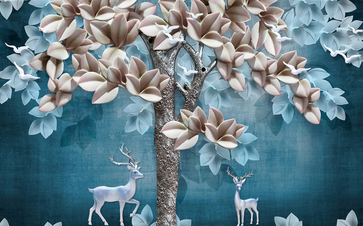 Papermoon Fototapete "Muster mit Blumen und Hirschen"