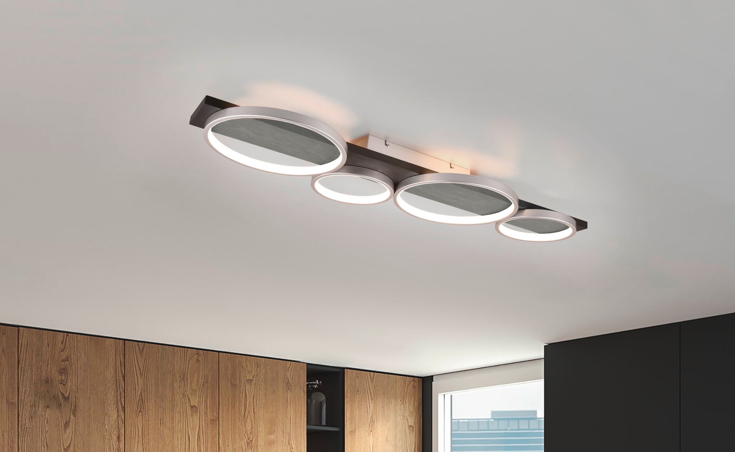TRIO Leuchten LED Deckenleuchte »MEDERA, Deckenlampe LED Ringe mit Holz Deko 44W 5100 Lumen warmweiß«, 1 flammig, Leuchtmittel LED-Board | LED fest integriert, als Wandlampe oder Deckenlampe einsetzbar dimmbar über Wandschalter