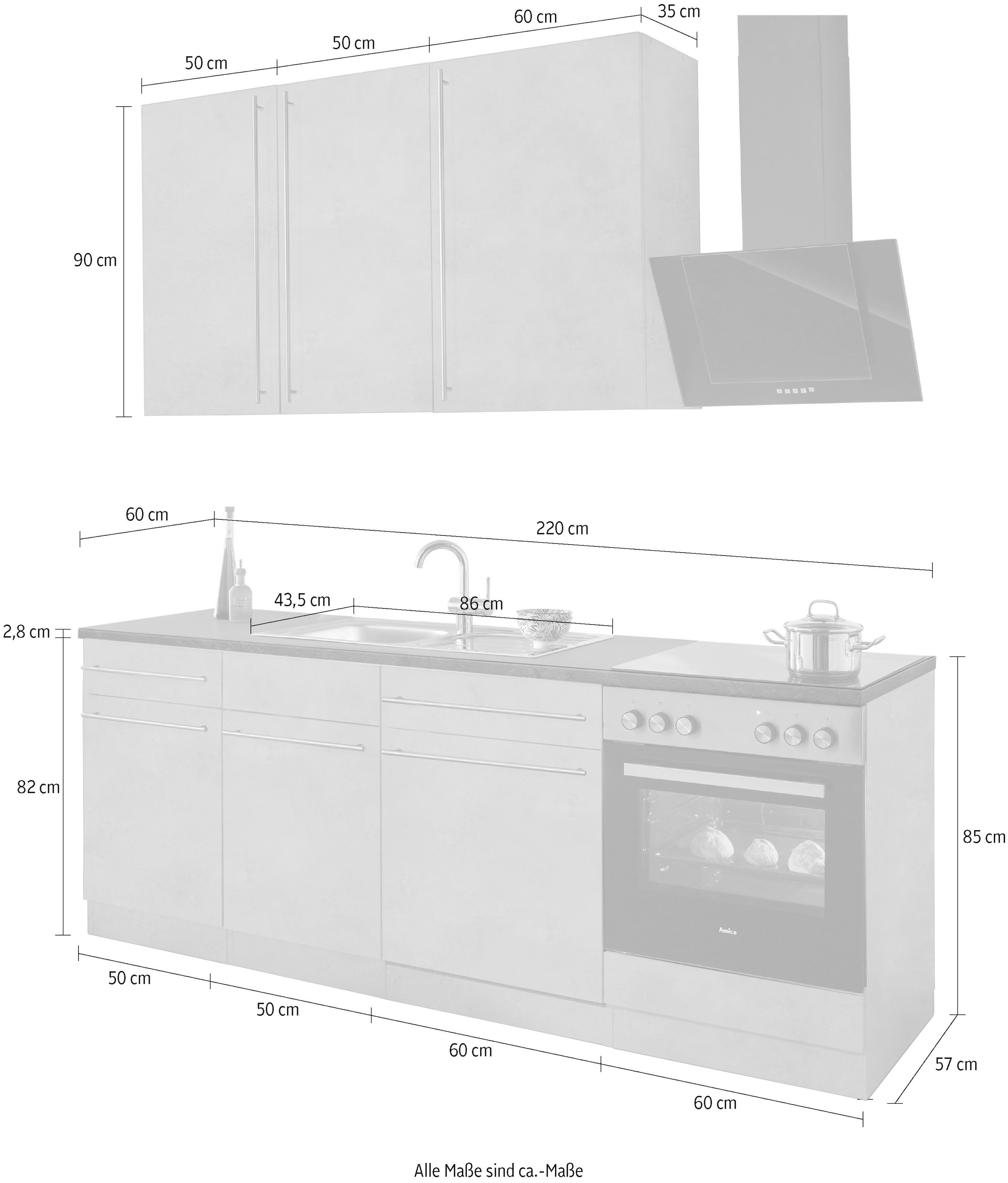 wiho Küchen Küchenzeile Breite 220 BAUR cm »Chicago«, | mit E-Geräten, bestellen