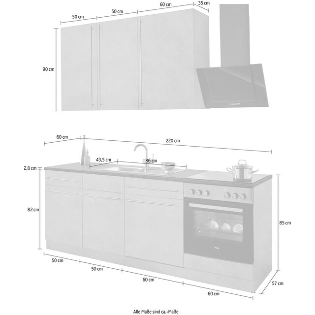 wiho Küchen Küchenzeile »Chicago«, mit E-Geräten, Breite 220 cm bestellen |  BAUR