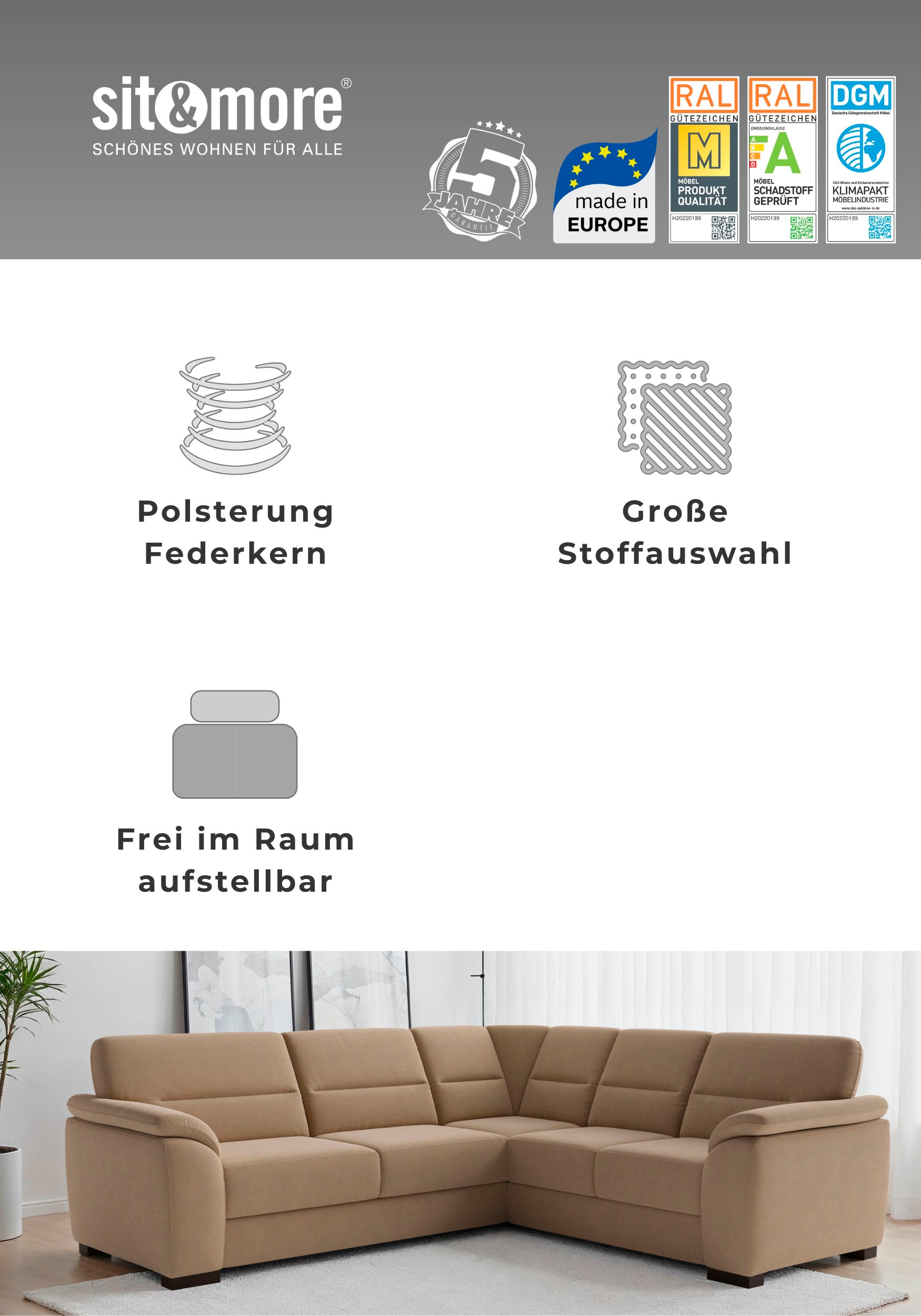 sit&more Ecksofa »Montego L-Form, B: 255 cm« wahlweise mit Bettfunktion und Schubkasten