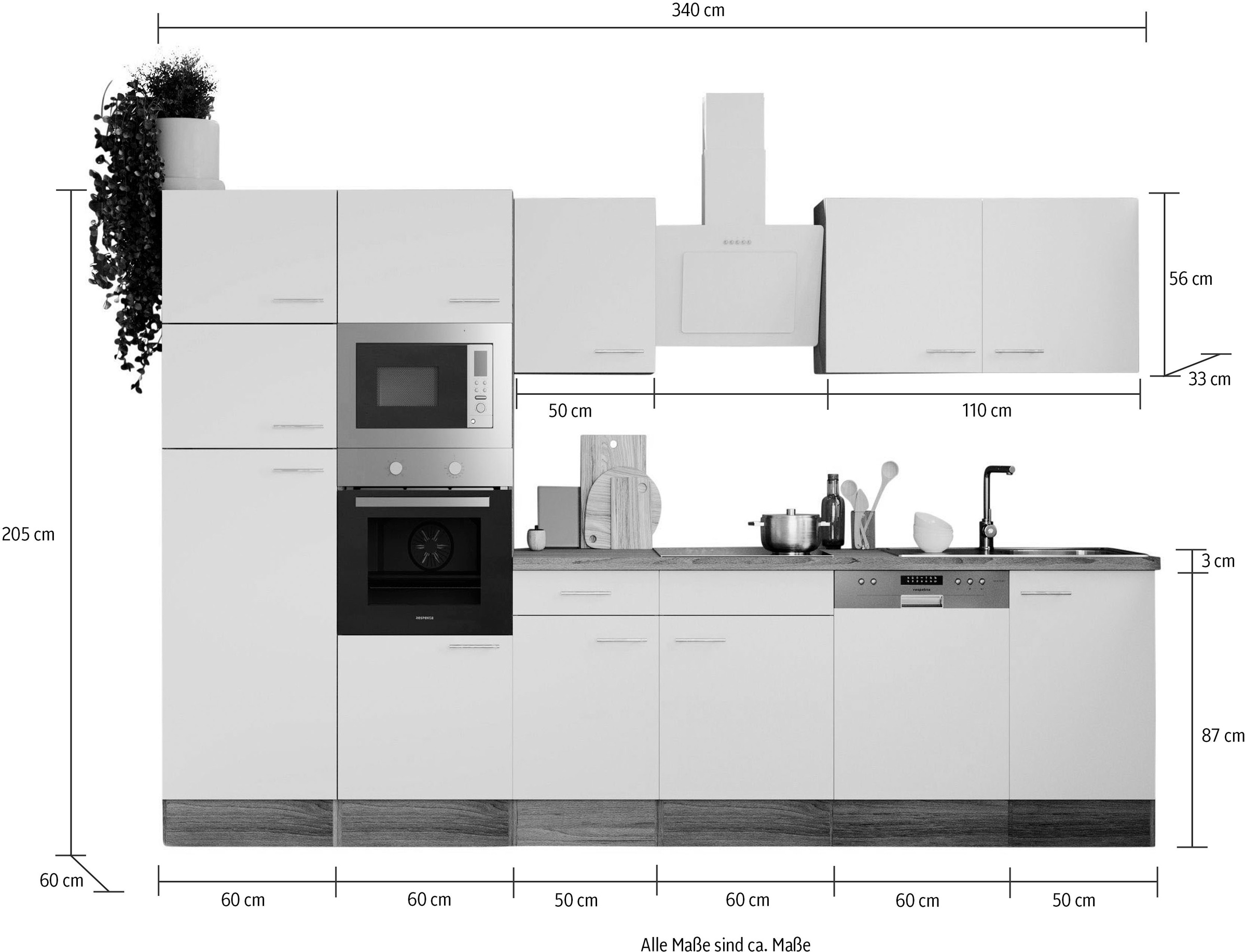 RESPEKTA Küchenzeile »Oliver«, Breite 340 cm, wechselseitig aufbaubar | BAUR