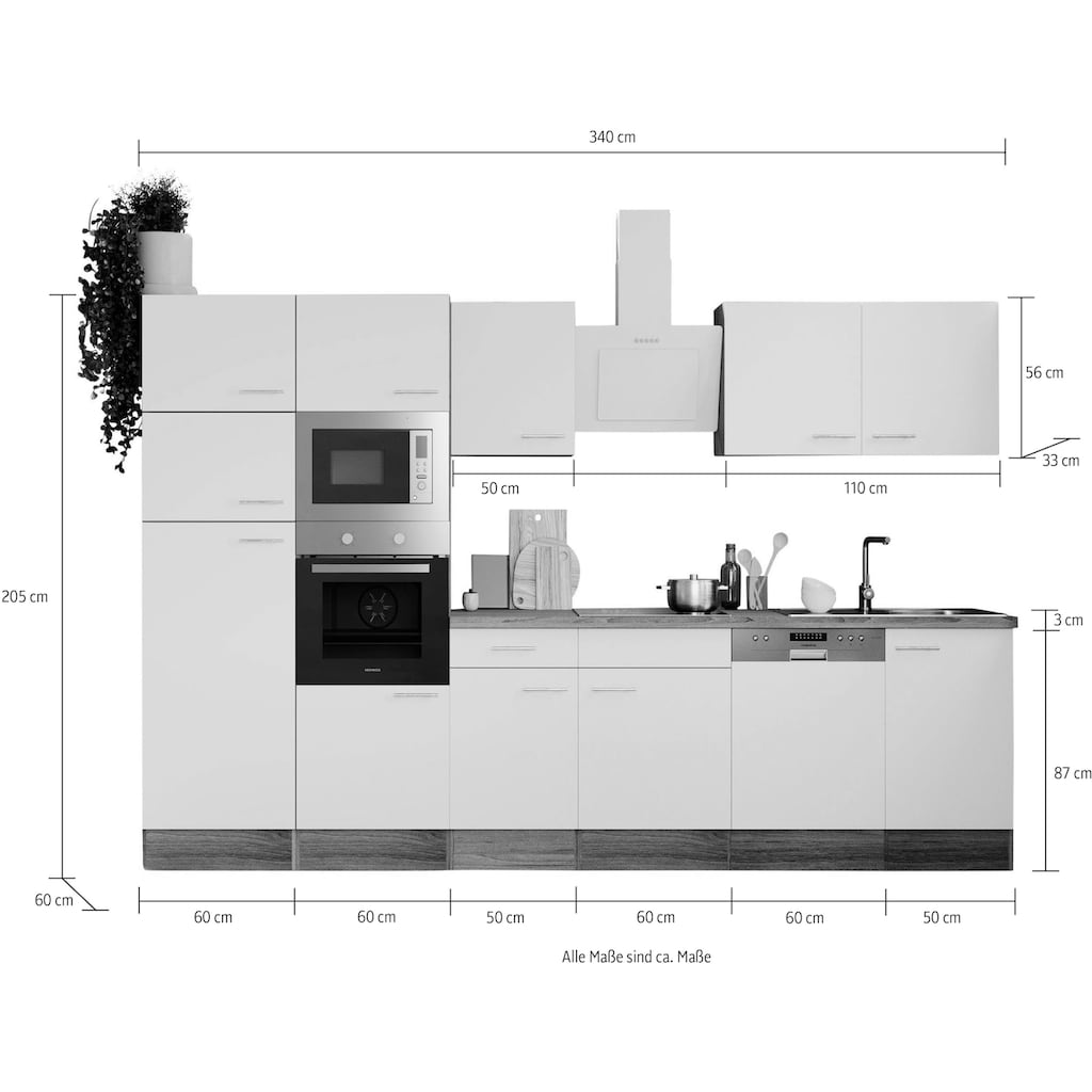 RESPEKTA Küchenzeile »Oliver«, Breite 340 cm, wechselseitig aufbaubar