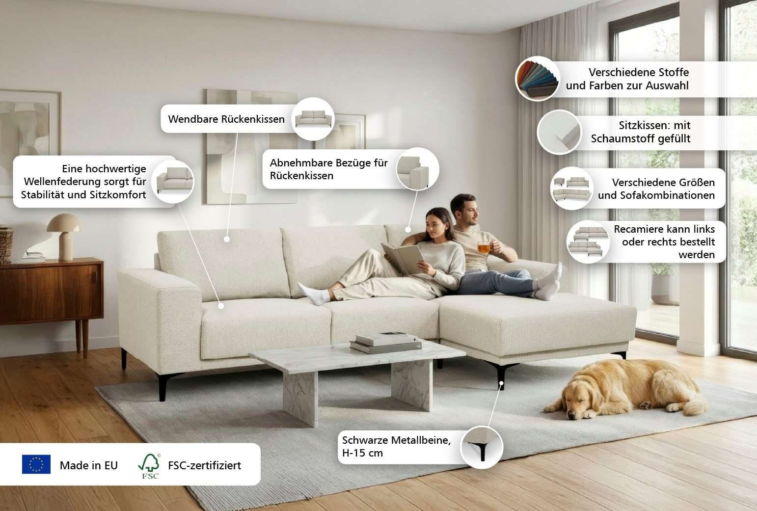 OTTO home Ecksofa »Xander, L-Form« Breite 280 cm, Soft-Touch Chenille, schwarze Metallfüße