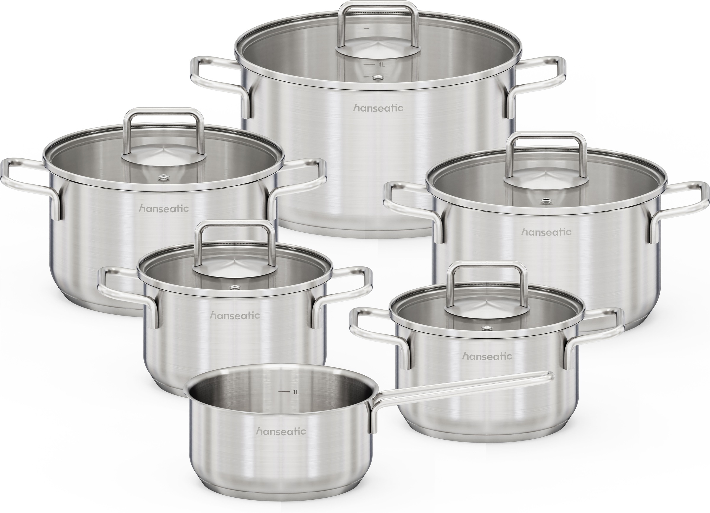 Hanseatic 1100000002199 "BASIC" Set, Stielkasserolle 16 cm, Kochtopf 2x16/2x20/1x24 cm, 11 tlg. Edelstahl 18/10