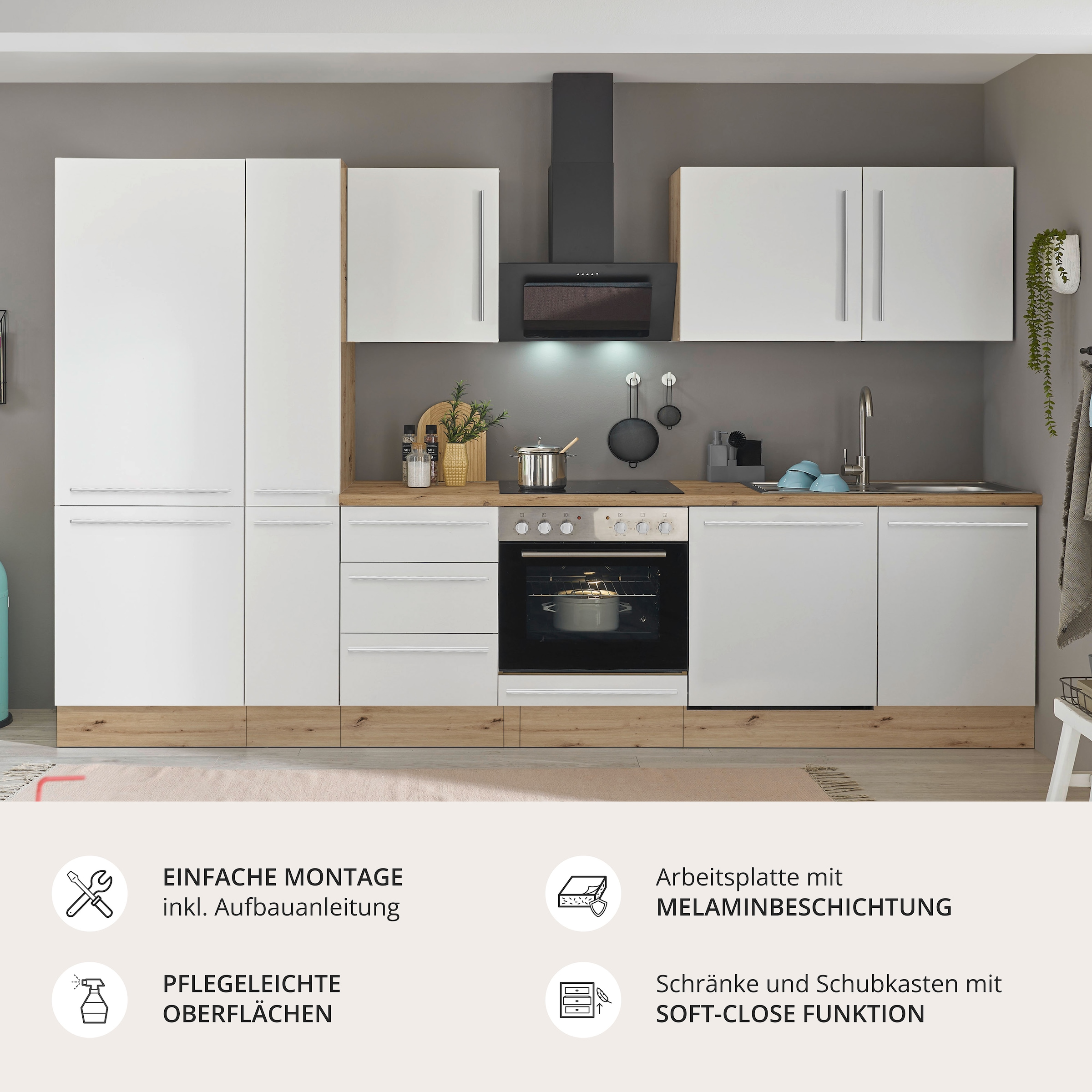 KOCHSTATION Küchenzeile »Florida« Breite 310 cm, wahlweise mit E-Geräten,Softclose für Türen/Schubkästen
