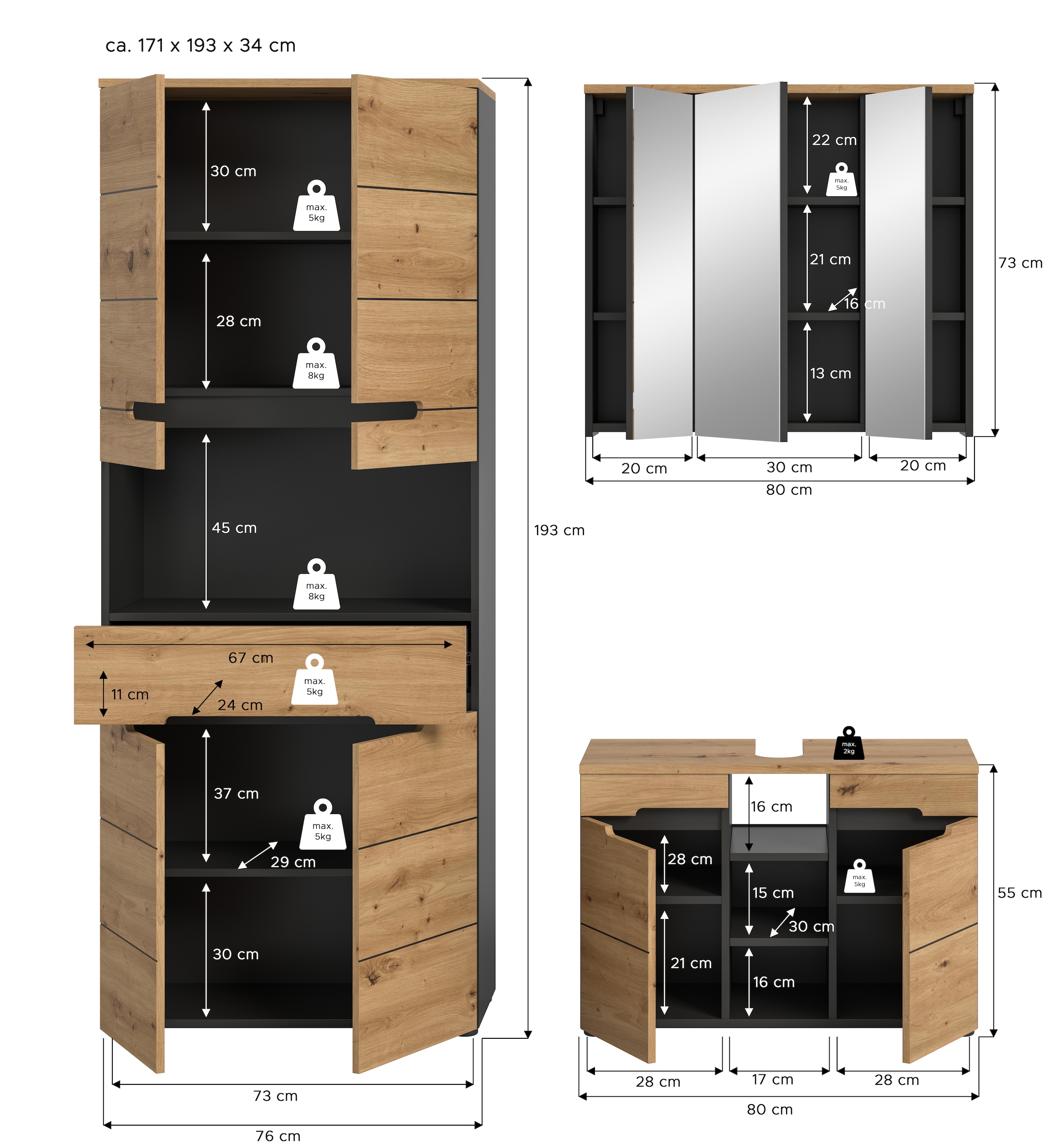 INOSIGN Badmöbel-Set »REHAT, 3-teilig, Breite 171 cm, mit grifflosen Fronten, bestehend aus:«, (3 St.), 1x Hochschrank, 1x Waschbeckenunterschrank & 1x Spiegelschrank