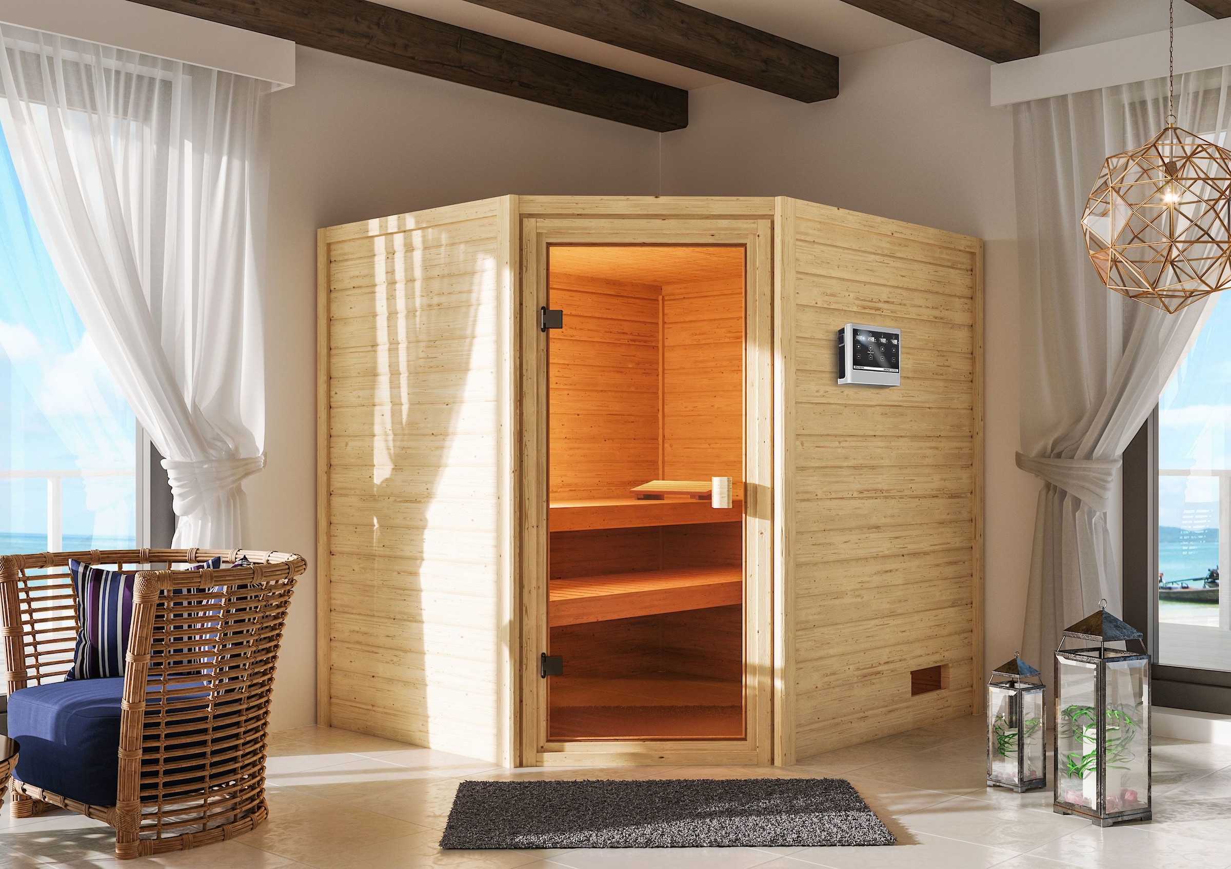 KARIBU Sauna ""Trixi" mit bronzierter Tür, naturbelassen", Bio-Kombiofen, externe Steuerung, 400 kW, beige, Saunen, aus hochwertiger nordischer Fichte