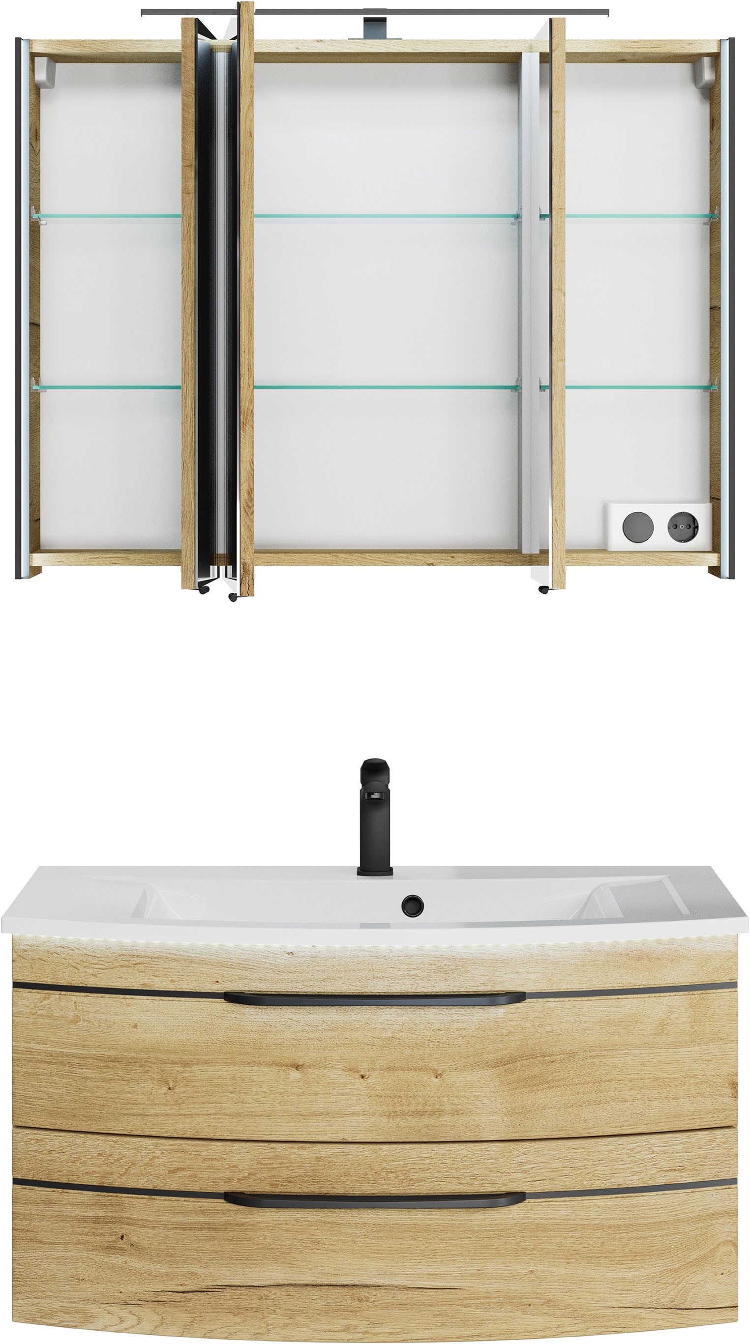 Saphir Badmöbel-Set »Serie 7045 2-teilig Mineralmarmor-Waschtisch mit LED-Spiegelschrank«, (Set, 2 St.), Badezimmer-Set 93,2 cm breit, inkl. Türdämpfer, 3 Türen, 2 Schubladen