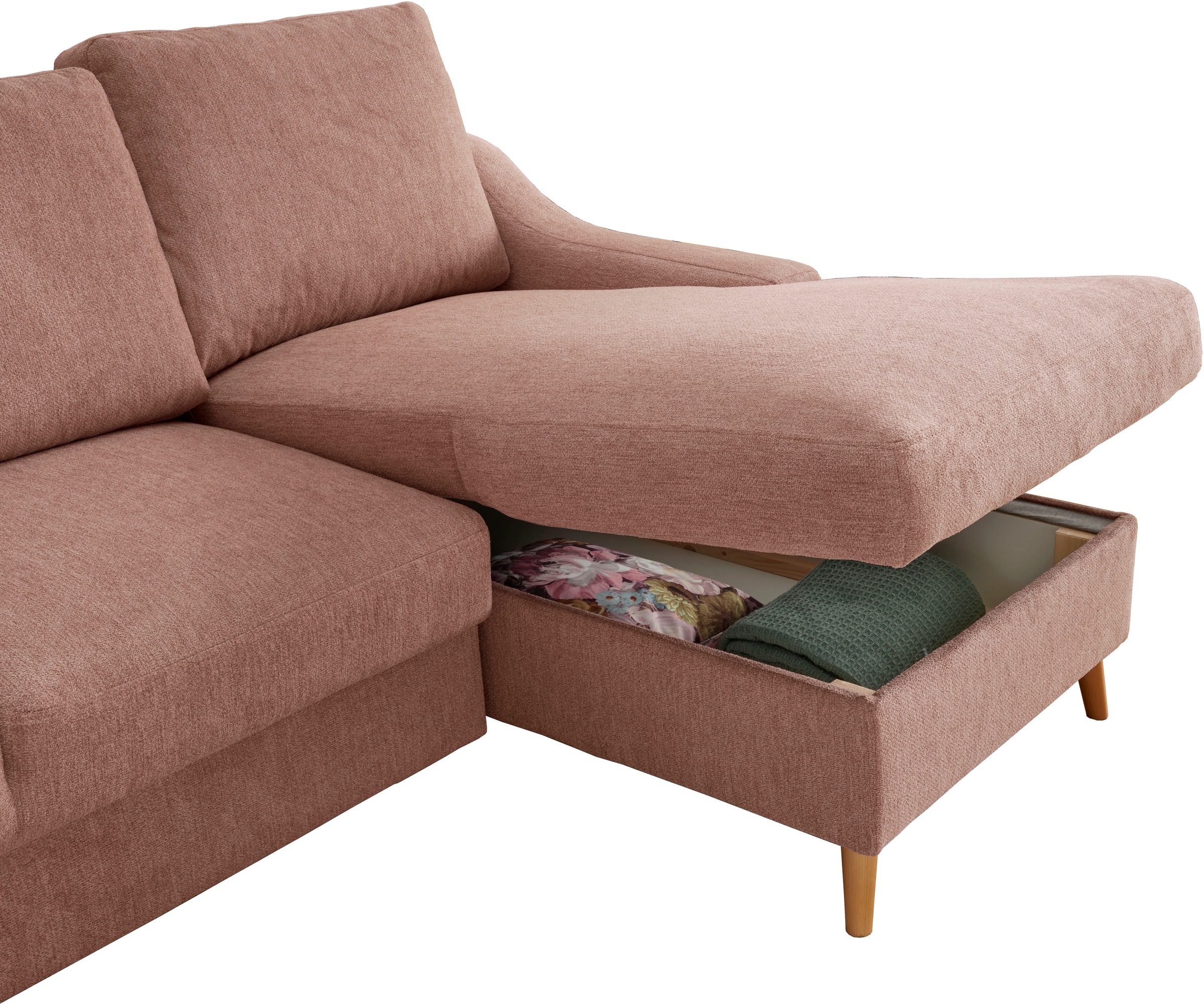 INOSIGN Ecksofa »Valentina L-Form«, 2 Zierkissen, mit Seitentasche, ausziehbarer Liegefläche, Bettkasten