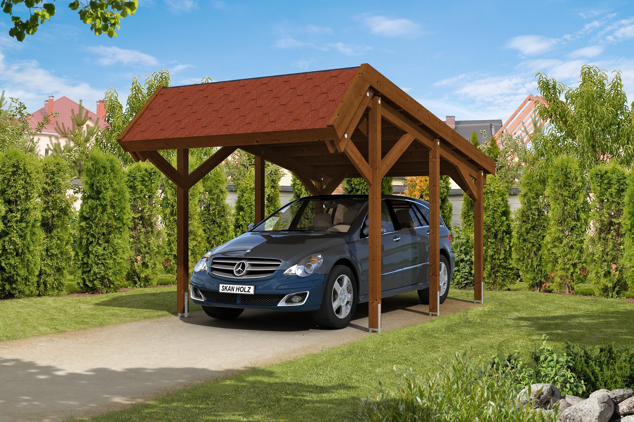 Skanholz Einzelcarport »Harz«, Nadelholz, 291 cm, Nussbaum, mit roten Dachschindeln