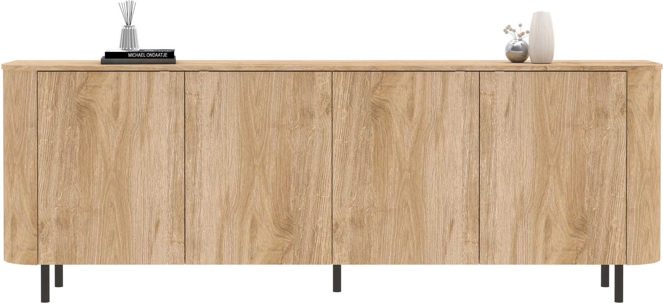 Home affaire Sideboard »Murano, 231 cm breit, 4 Türen, Anrichte, Kommode, Stauraumschrank« Formgebogenes MDF, Stirnseiten mit Rundung, Füße und Griffe aus Metall