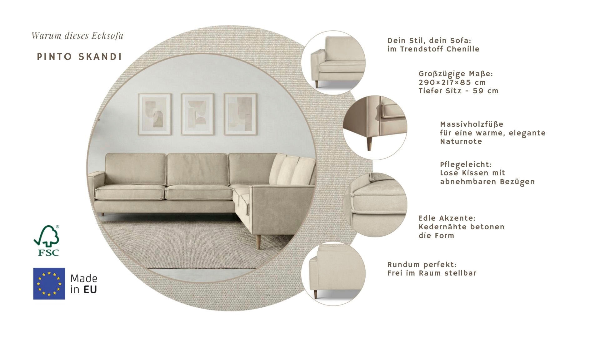 Thumbnail - Home affaire Ecksofa "Pinto Skandi, 290 cm, Chenille, Struktur, Ottomane links / rechts" mit Keder, Massivholzfüße Eiche...