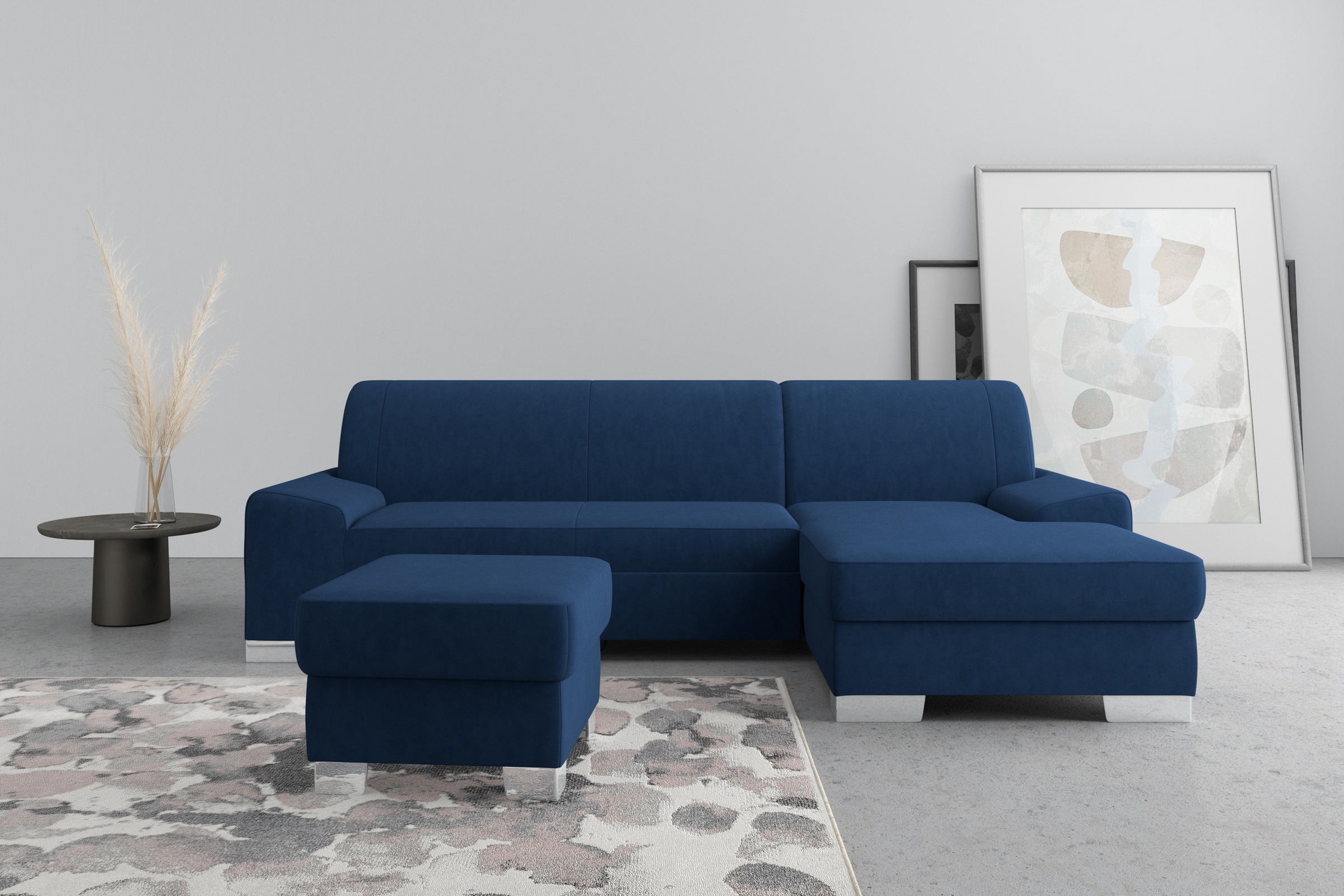 DOMO collection Ecksofa "Anzio L-Form, whlw. Bettfunktion, Federkern, hochwertig, Breite 271 cm" Ohne Bettfunktion, Recamiere rechts, Samtoptik, marine