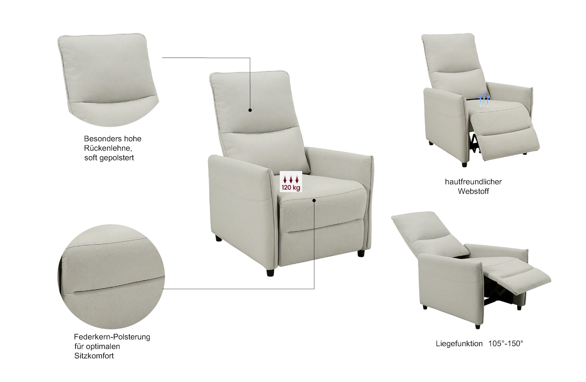 INOSIGN Relaxsessel »CURRIE, mit Liegefunktion, Webstoff-Bezug, Federkern,«, Ruhe-Sessel, Lese-Sessel, TV-Sessel