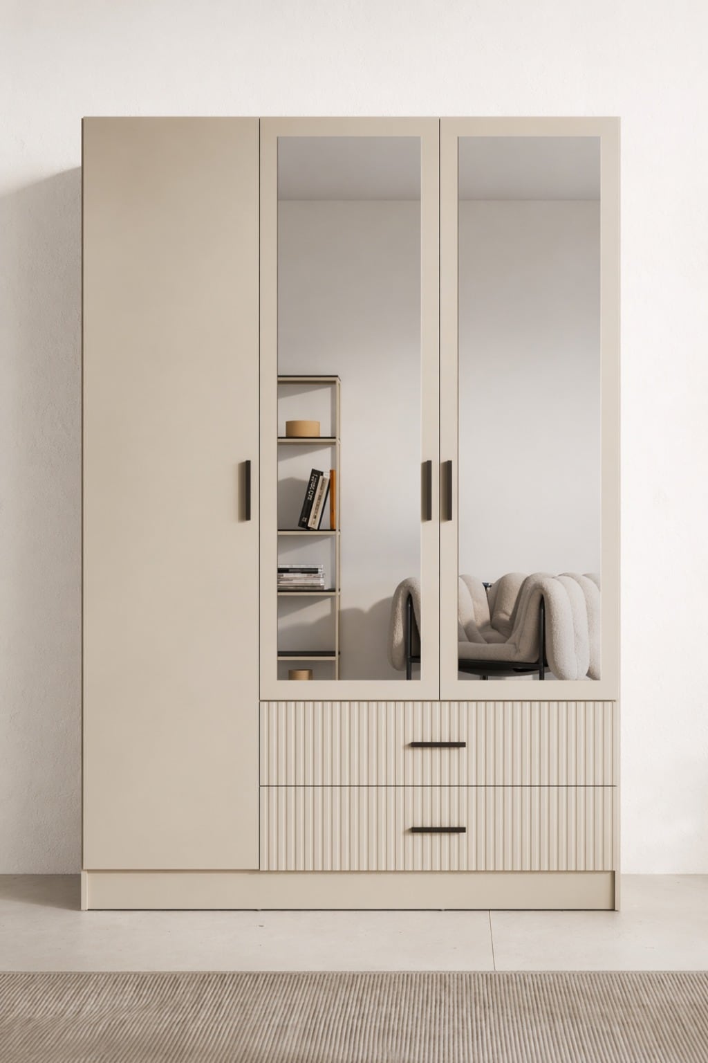OTTO home Kleiderschrank "TERRIK, modern mit viel Stauraum & geriffelter Struktur, Spiegel" B/H/T ca. 150/200/60 cm, Garderobe mit 6 Fächern, Kleiderstange, 2 Schubladen, Made in EU